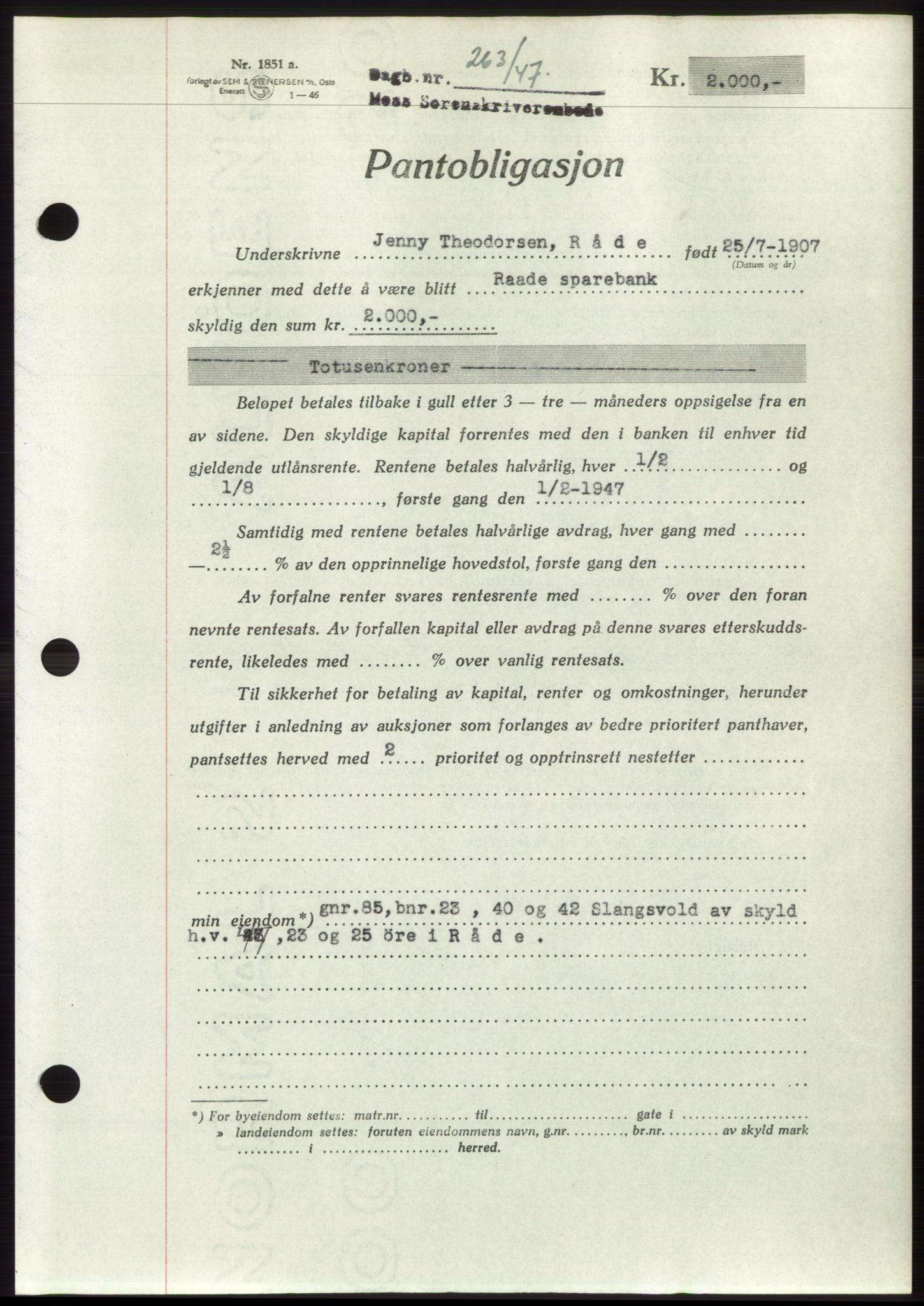 Moss sorenskriveri, SAO/A-10168: Pantebok nr. B16, 1946-1947, Dagboknr: 263/1947