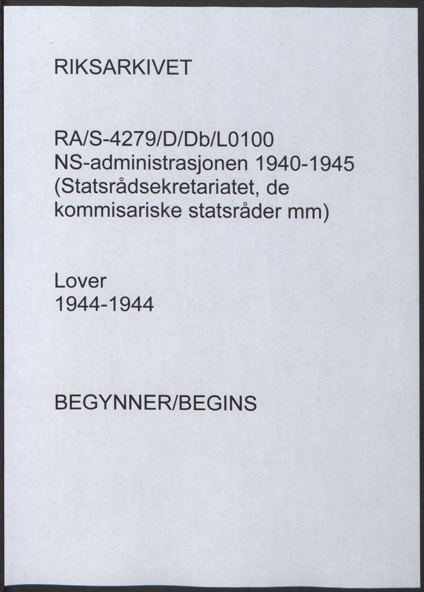 NS-administrasjonen 1940-1945 (Statsrådsekretariatet, de kommisariske statsråder mm), AV/RA-S-4279/D/Db/L0100: Lover, 1944, s. 1