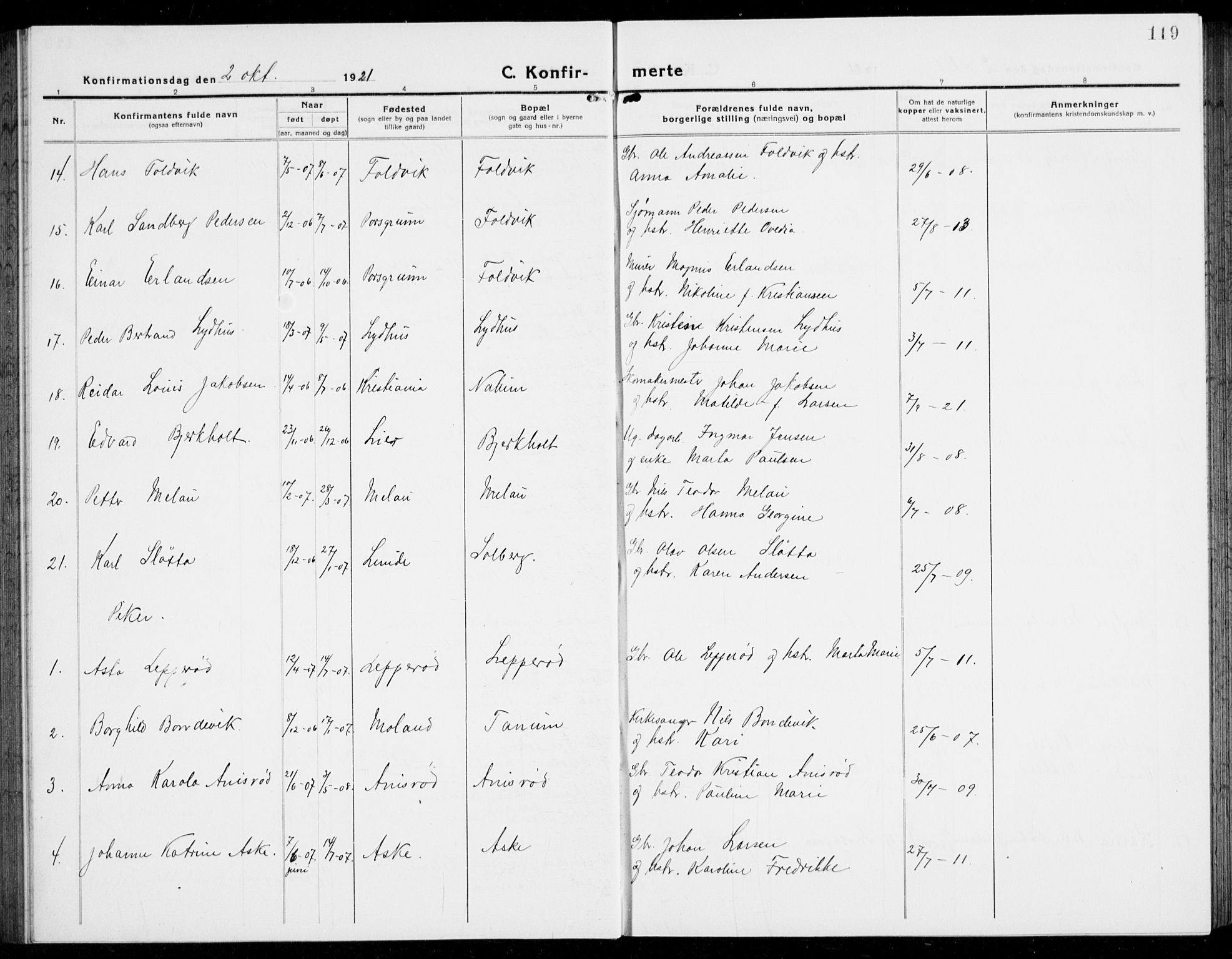 Brunlanes kirkebøker, AV/SAKO-A-342/G/Ga/L0005: Klokkerbok nr. I 5, 1918-1941, s. 119