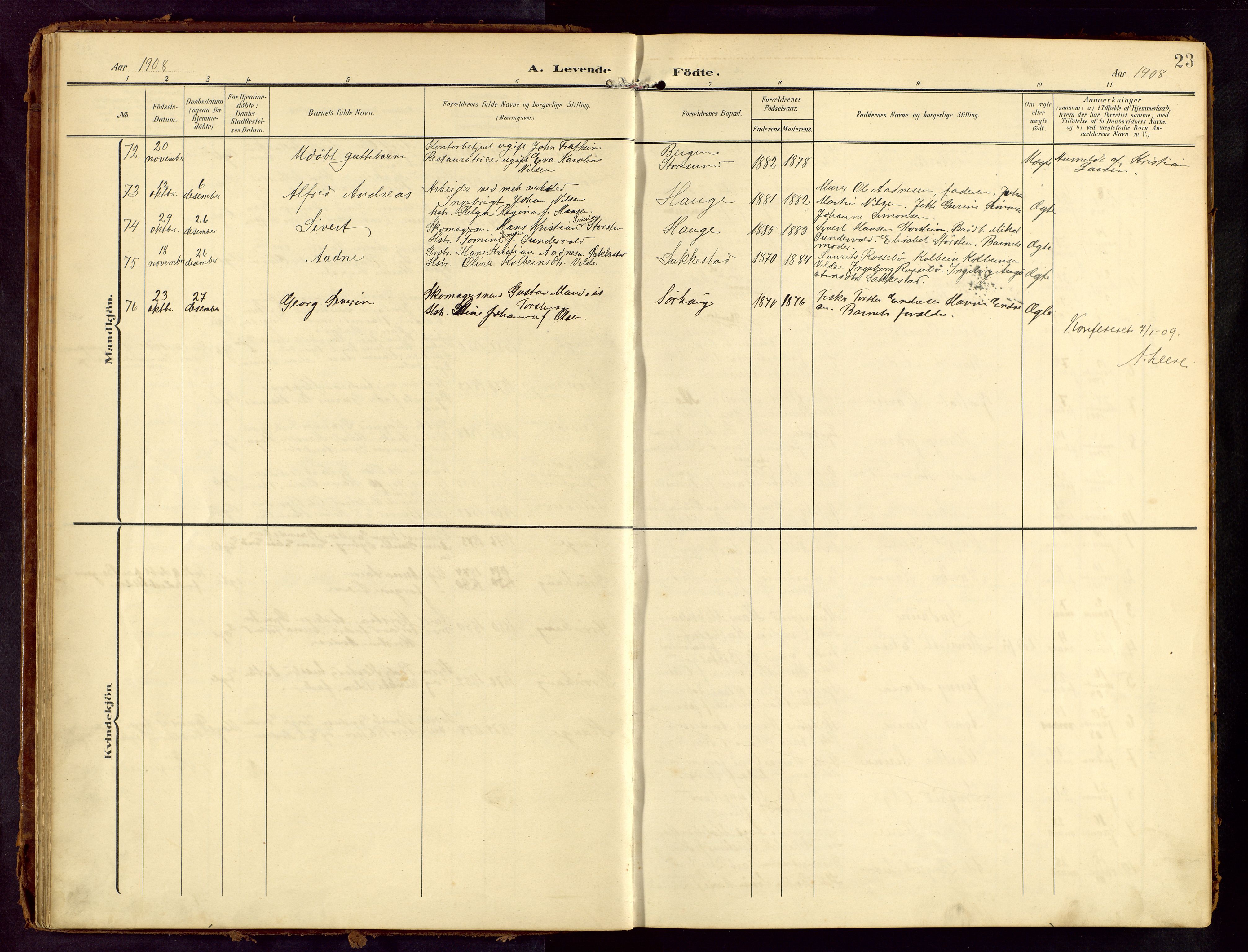 Haugesund sokneprestkontor, SAST/A -101863/H/Ha/Hab/L0006: Klokkerbok nr. B 6, 1906-1944, s. 23