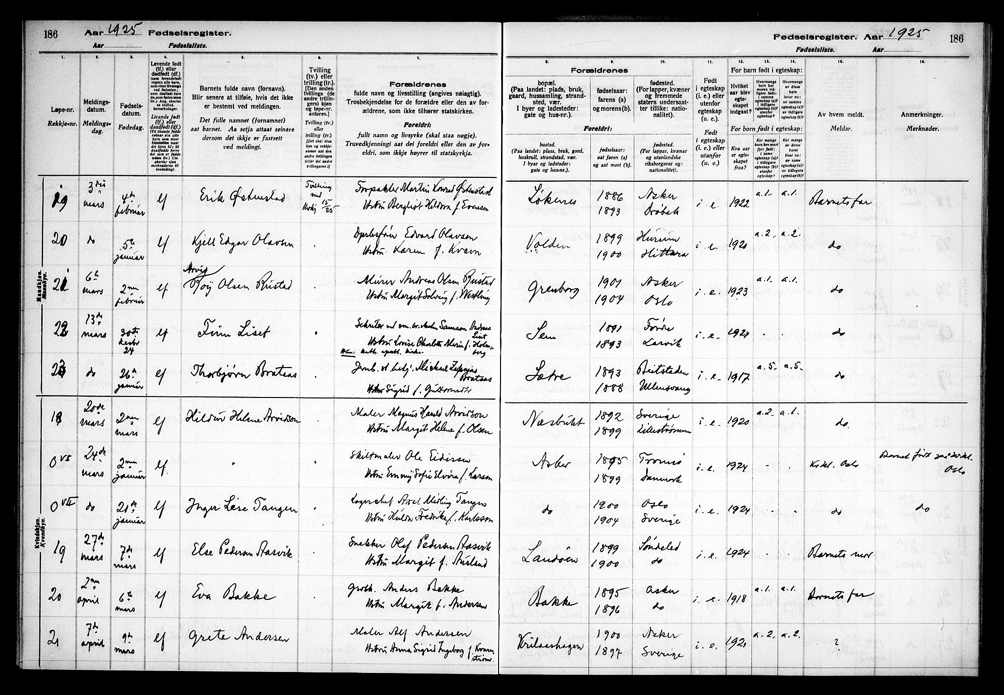 Asker prestekontor Kirkebøker, AV/SAO-A-10256a/J/L0001: Fødselsregister nr. 1, 1916-1925, s. 186