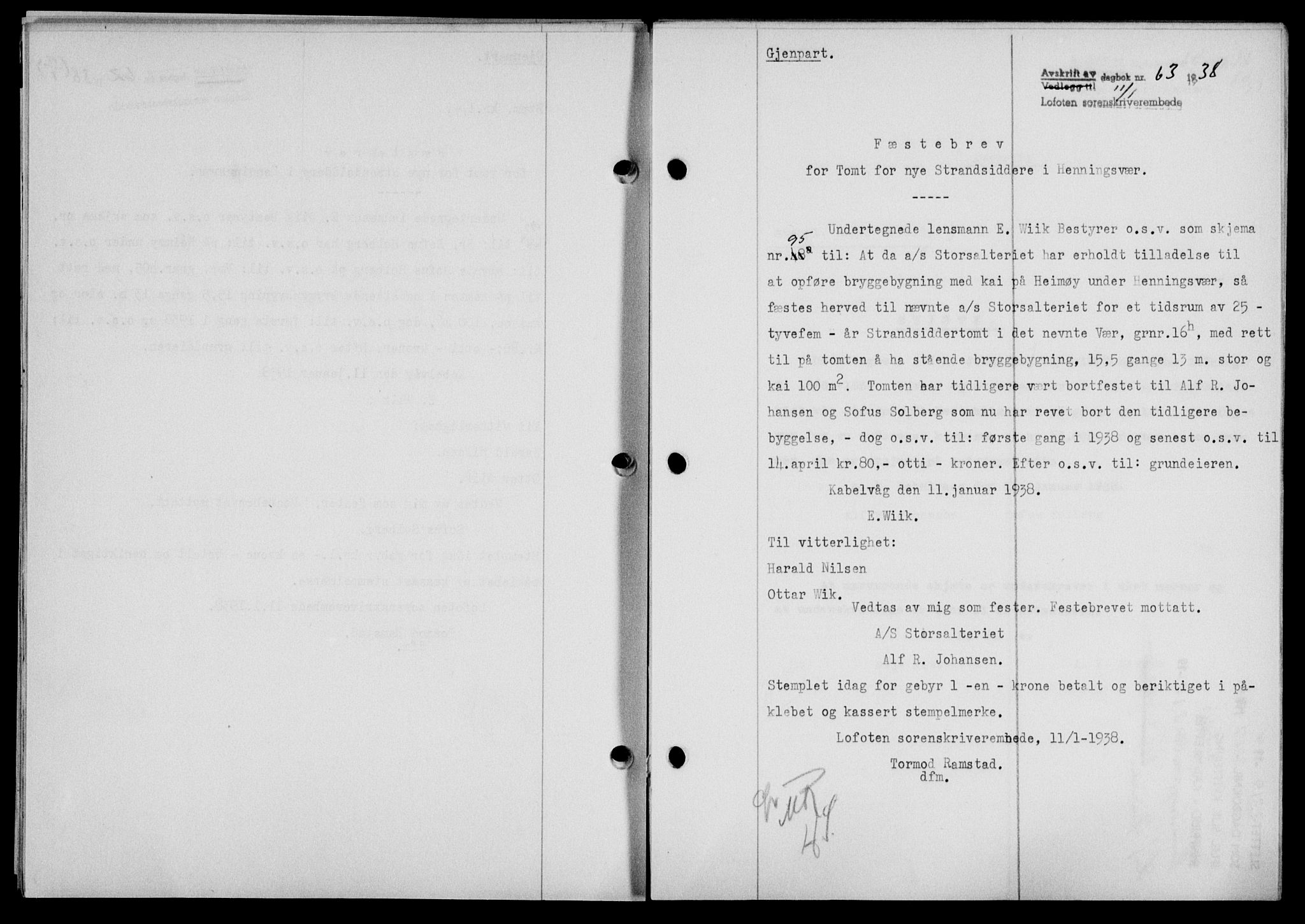 Lofoten sorenskriveri, SAT/A-0017/1/2/2C/L0003a: Pantebok nr. 3a, 1937-1938, Dagboknr: 63/1938