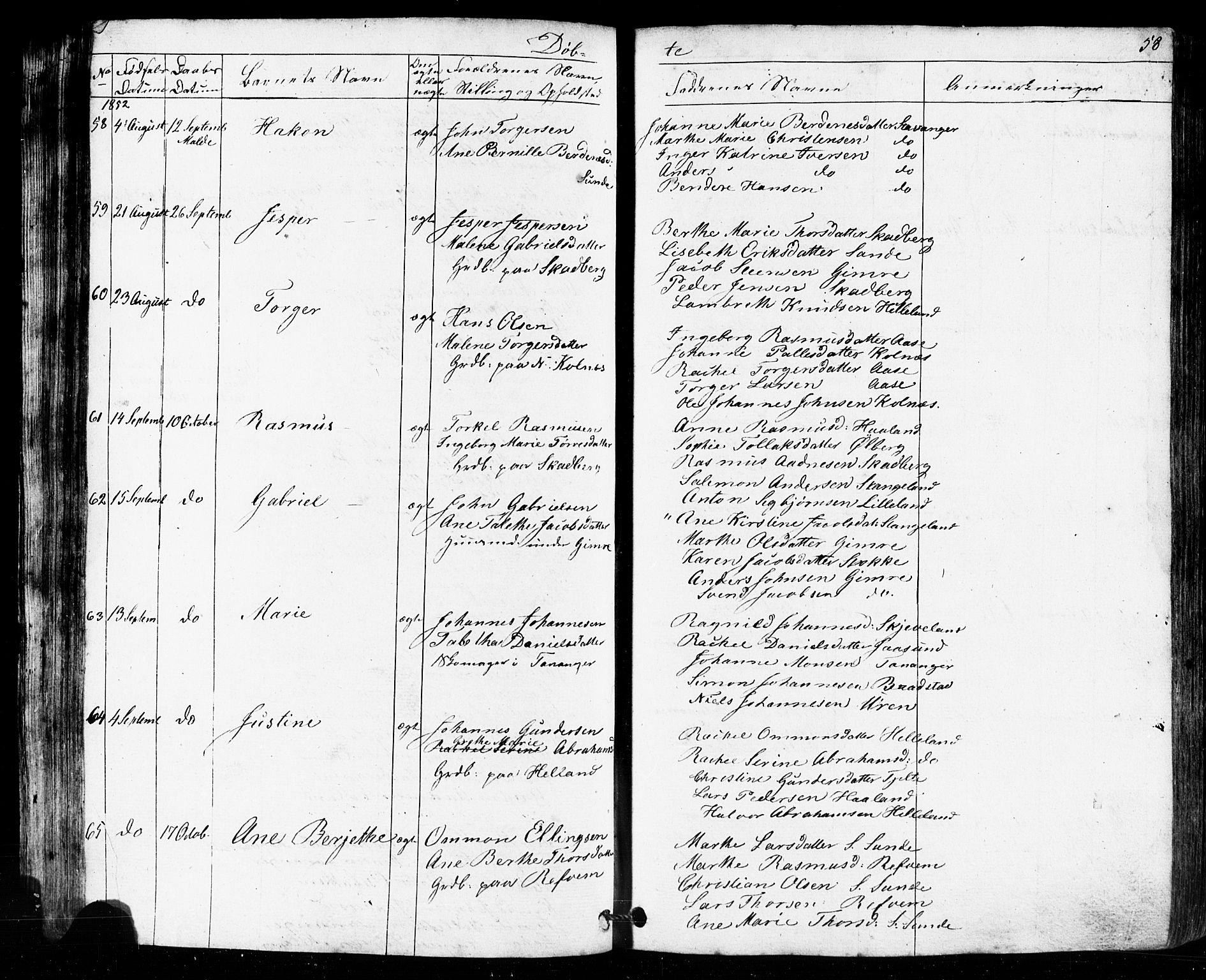 Håland sokneprestkontor, AV/SAST-A-101802/001/30BB/L0002: Klokkerbok nr. B 2, 1845-1872, s. 58