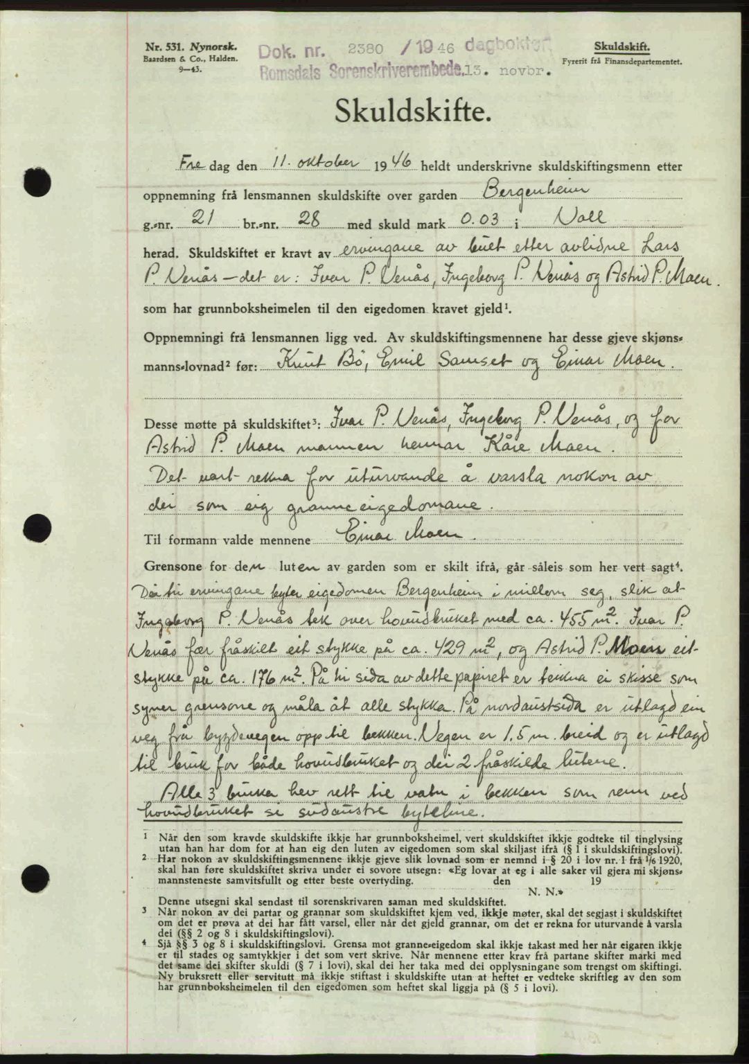 Romsdal sorenskriveri, AV/SAT-A-4149/1/2/2C: Pantebok nr. A21, 1946-1946, Dagboknr: 2380/1946