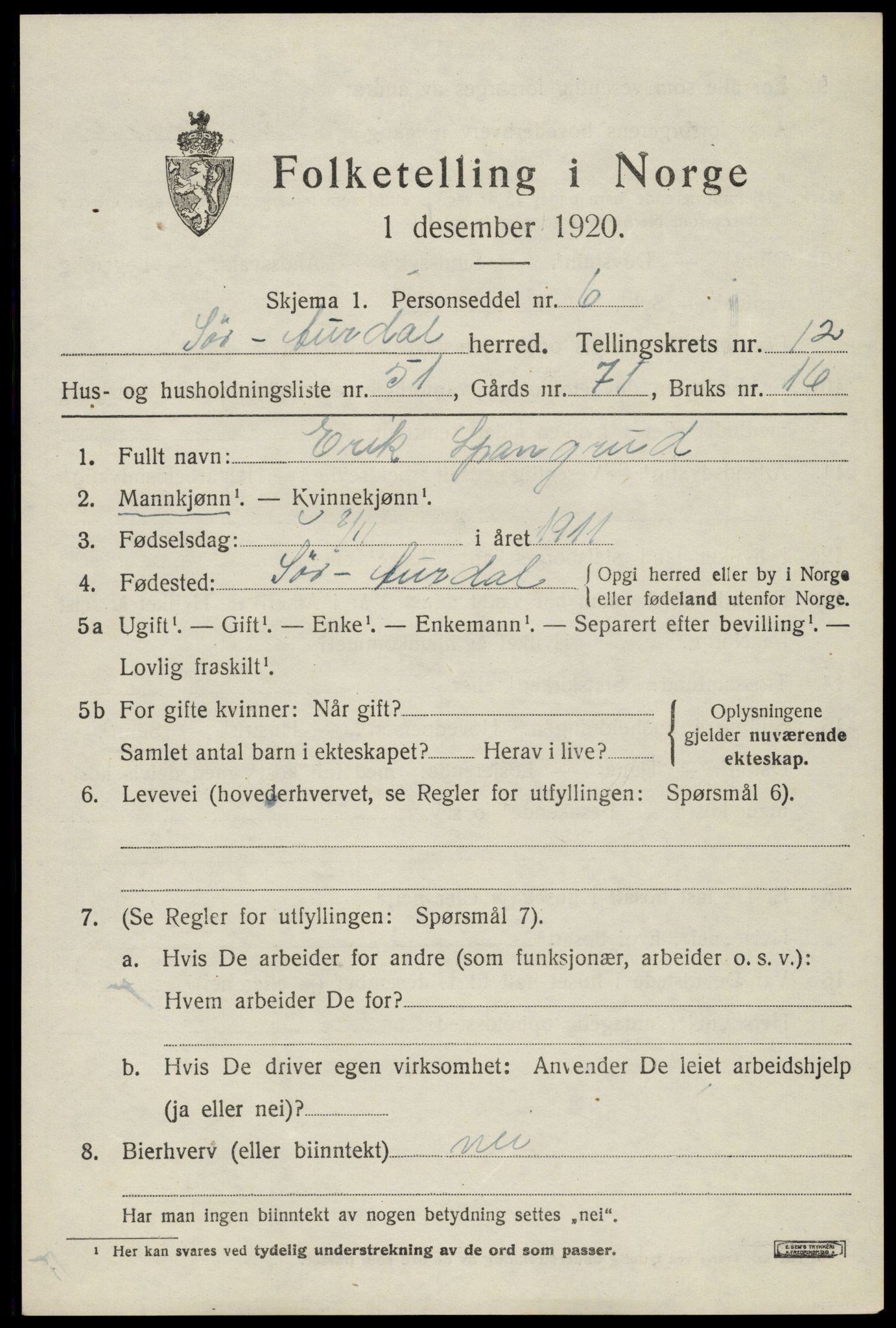 SAH, Folketelling 1920 for 0540 Sør-Aurdal herred, 1920, s. 7455