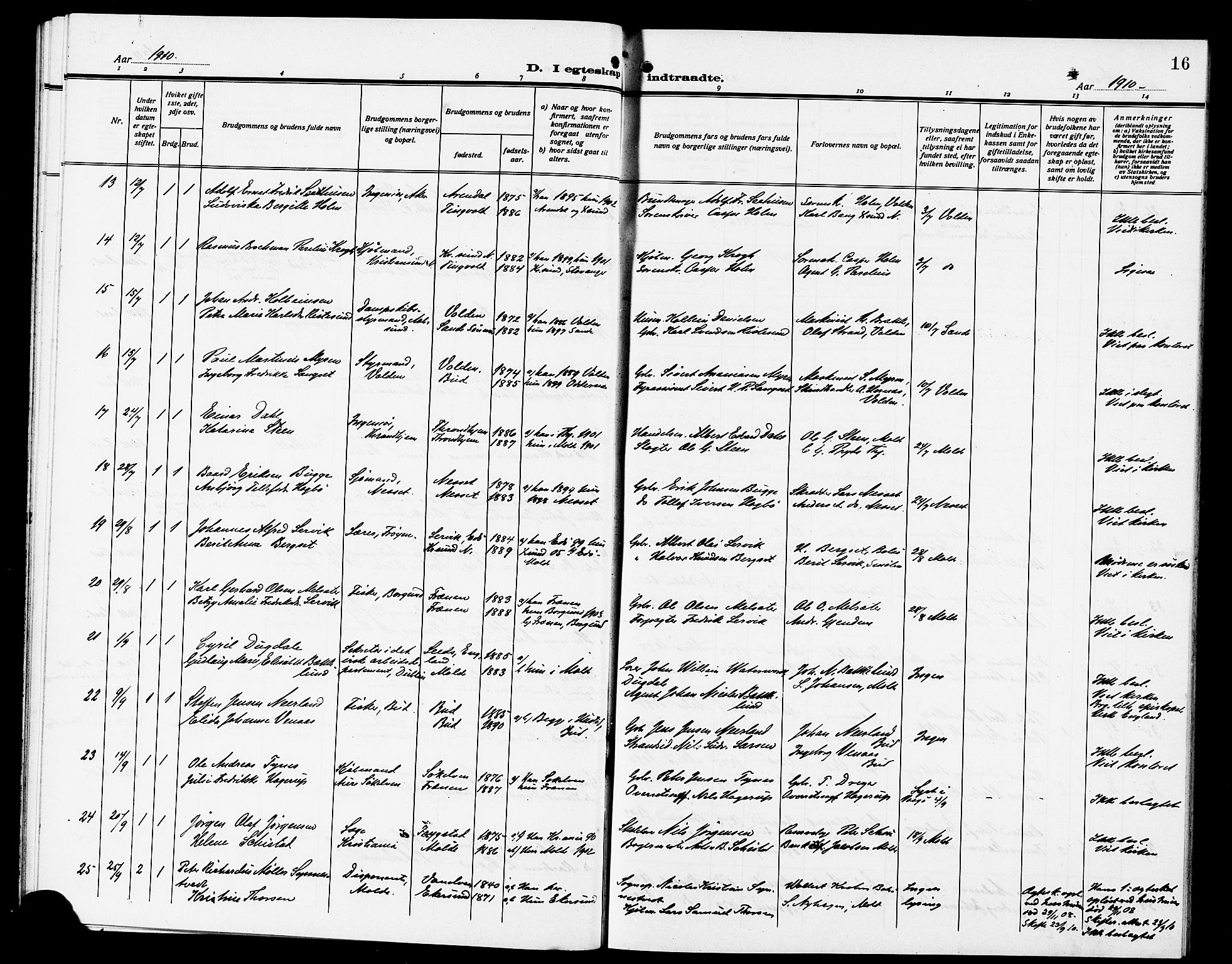 Ministerialprotokoller, klokkerbøker og fødselsregistre - Møre og Romsdal, SAT/A-1454/558/L0703: Klokkerbok nr. 558C04, 1906-1921, s. 16