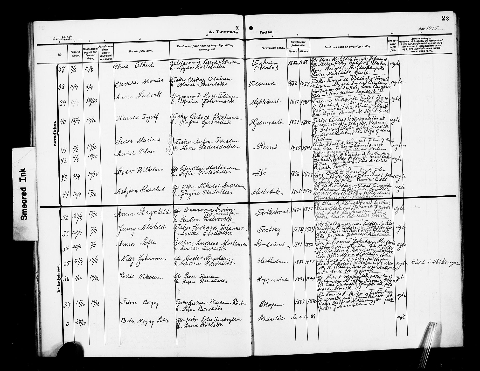 Ministerialprotokoller, klokkerbøker og fødselsregistre - Møre og Romsdal, AV/SAT-A-1454/507/L0083: Klokkerbok nr. 507C06, 1912-1919, s. 22