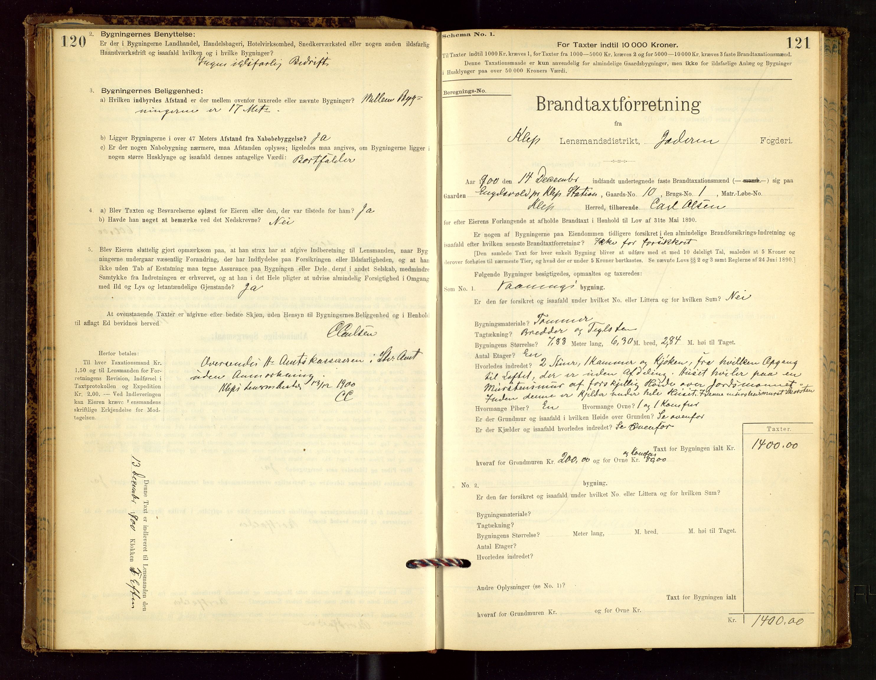 Klepp lensmannskontor, AV/SAST-A-100163/Goc/L0002: "Brandtaxationsprotokol" m/register, 1898-1902, s. 120-121