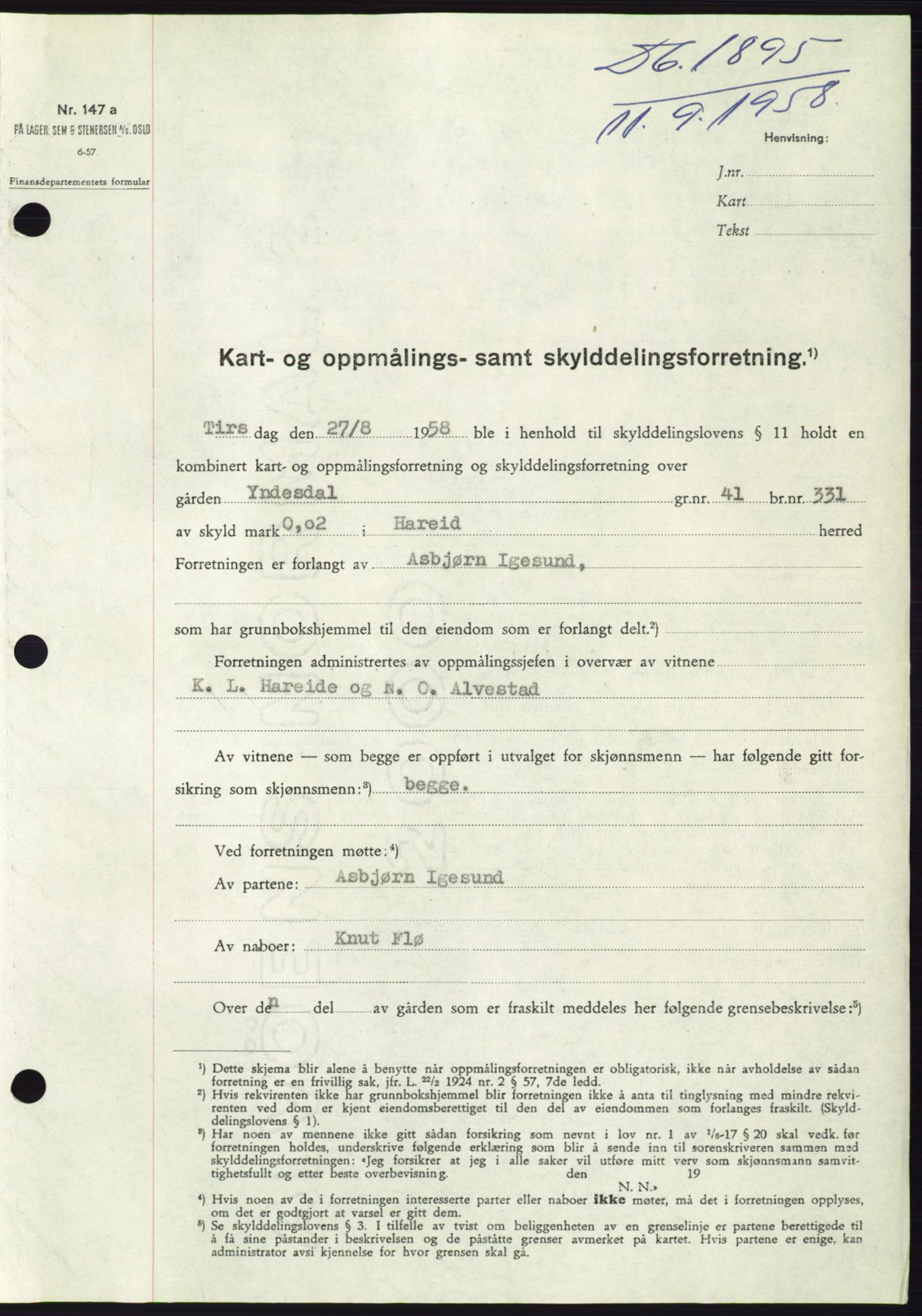 Søre Sunnmøre sorenskriveri, AV/SAT-A-4122/1/2/2C/L0110: Pantebok nr. 36A, 1958-1958, Dagboknr: 1895/1958