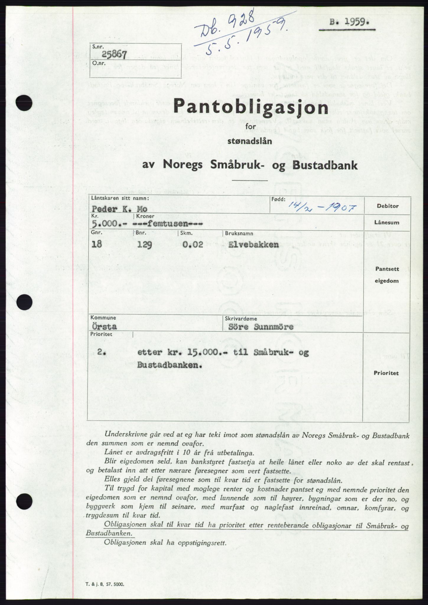 Søre Sunnmøre sorenskriveri, SAT/A-4122/1/2/2C/L0133: Pantebok nr. 21B, 1959-1959, Dagboknr: 928/1959