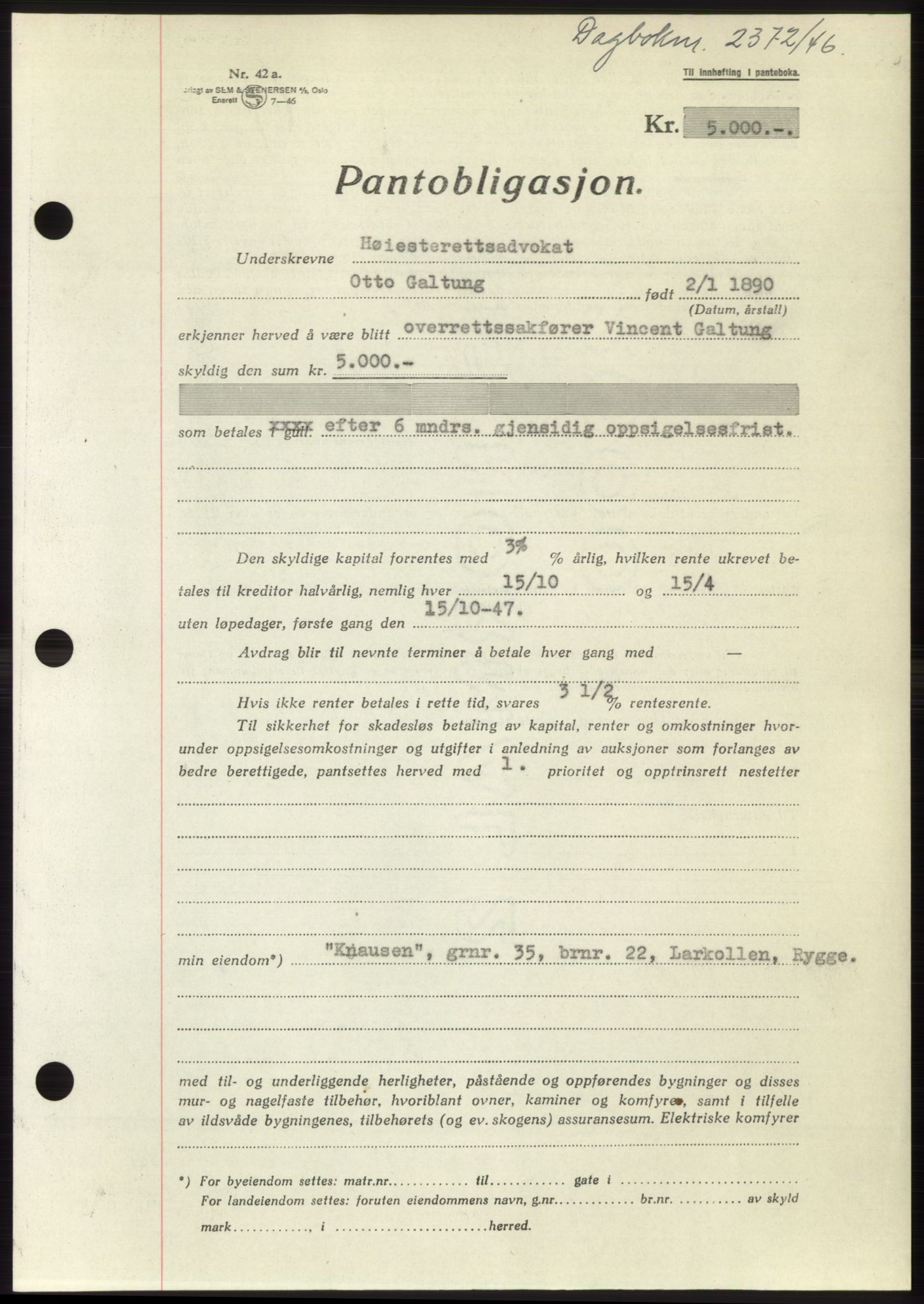 Moss sorenskriveri, SAO/A-10168: Pantebok nr. B16, 1946-1947, Dagboknr: 2372/1946