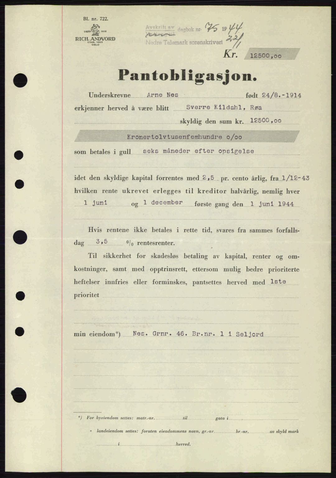 Nedre Telemark sorenskriveri, SAKO/A-135/G/Ga/Gaa/L0051: Pantebok nr. A-51, 1943-1944, Dagboknr: 75/1944