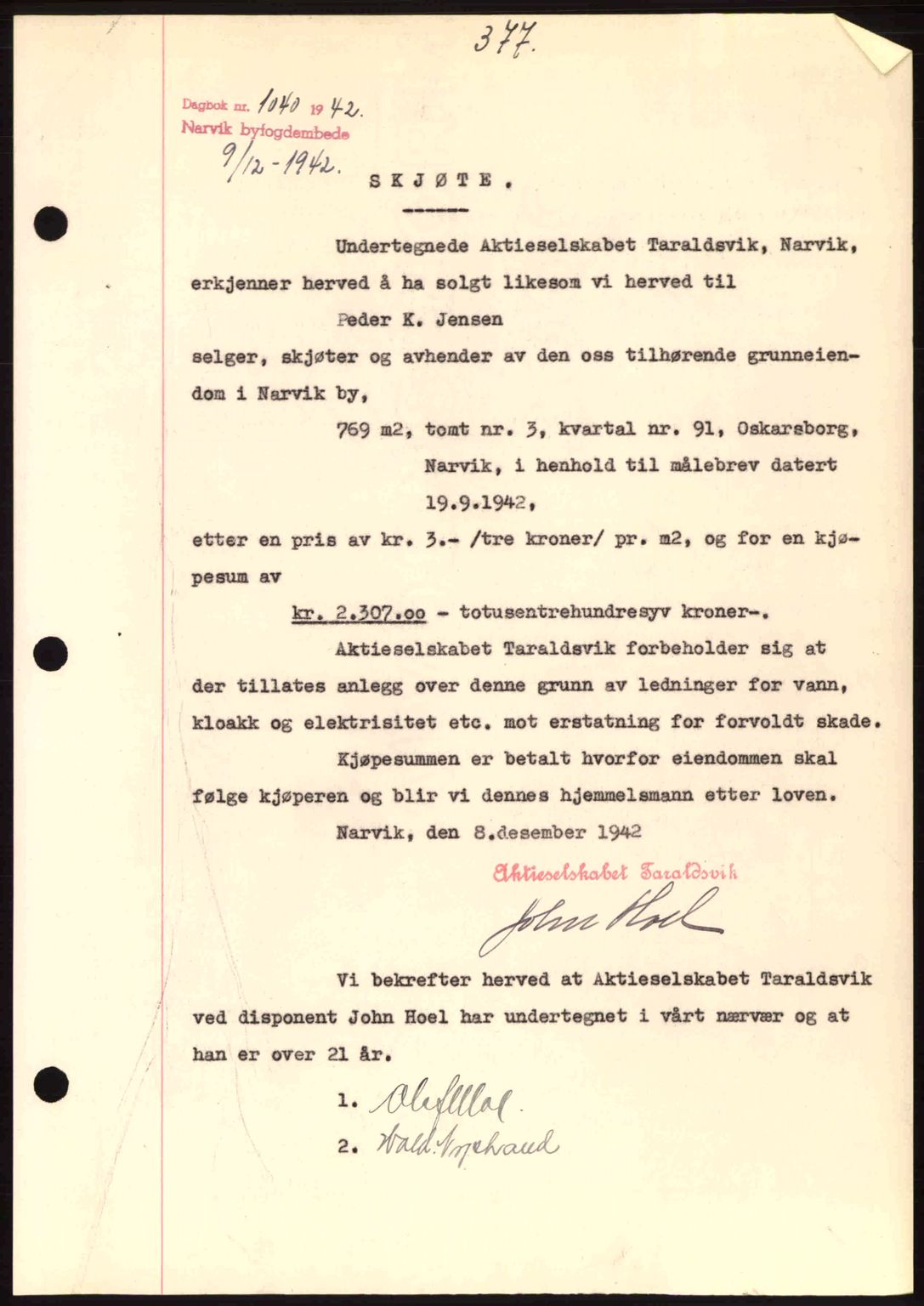 Narvik sorenskriveri, SAT/A-0002/1/2/2C/2Ca: Pantebok nr. A19, 1942-1943, Dagboknr: 1040/1942