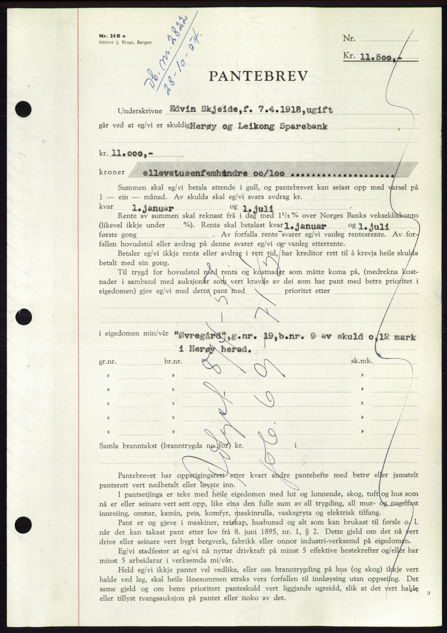 Søre Sunnmøre sorenskriveri, AV/SAT-A-4122/1/2/2C/L0126: Pantebok nr. 14B, 1954-1955, Dagboknr: 2822/1954