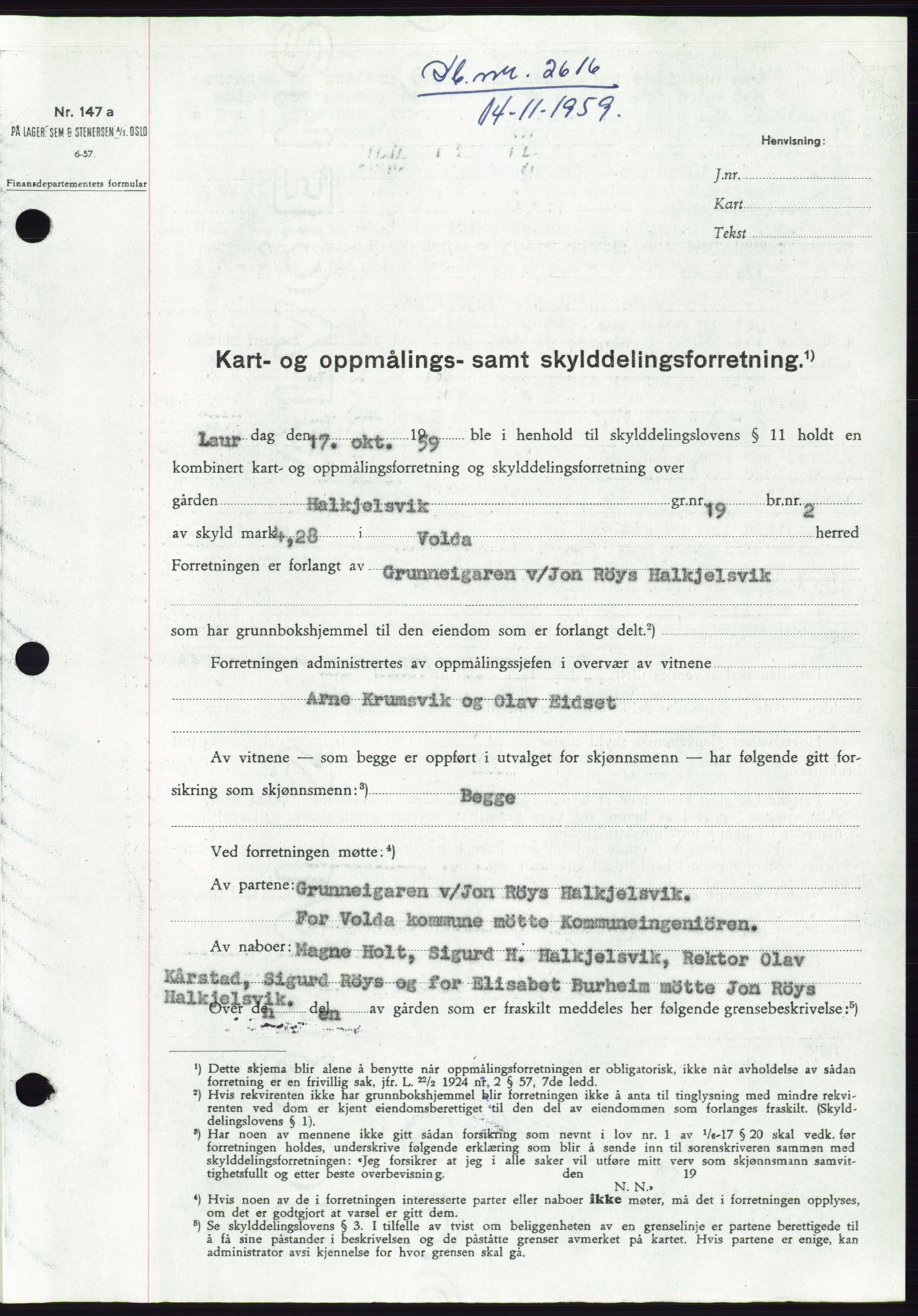 Søre Sunnmøre sorenskriveri, SAT/A-4122/1/2/2C/L0113: Pantebok nr. 39A, 1959-1959, Dagboknr: 2616/1959
