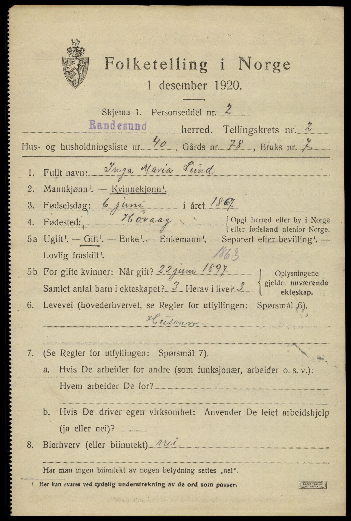 SAK, Folketelling 1920 for 1011 Randesund herred, 1920, s. 1428