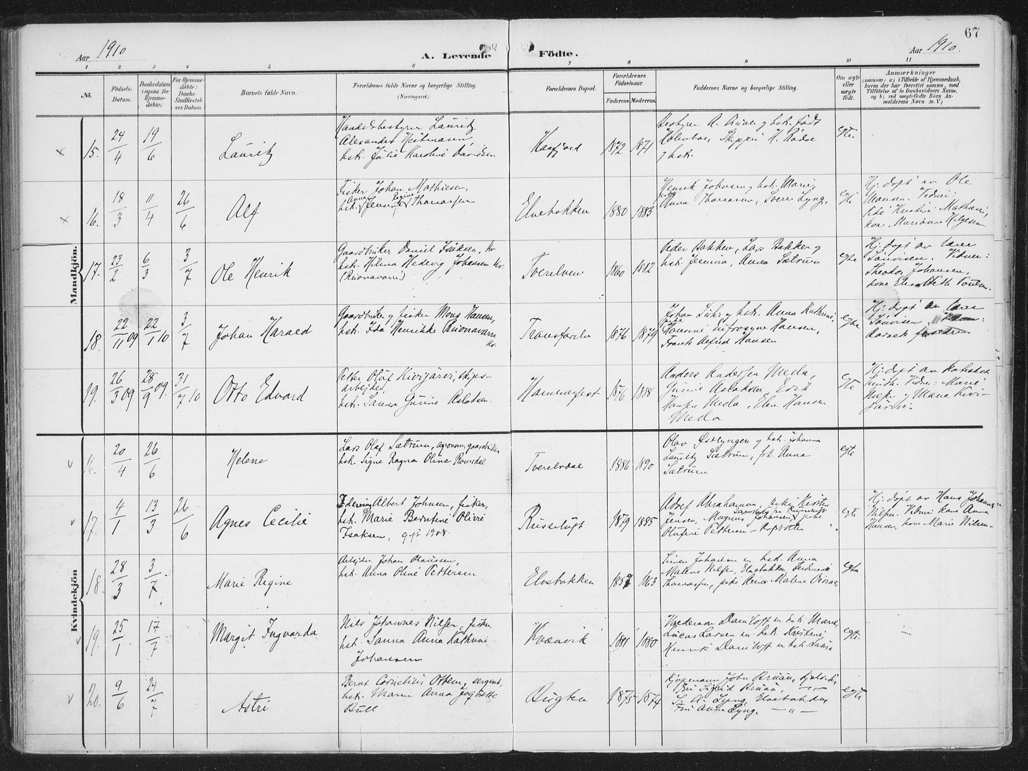 Alta sokneprestkontor, AV/SATØ-S-1338/H/Ha/L0005.kirke: Ministerialbok nr. 5, 1904-1918, s. 67