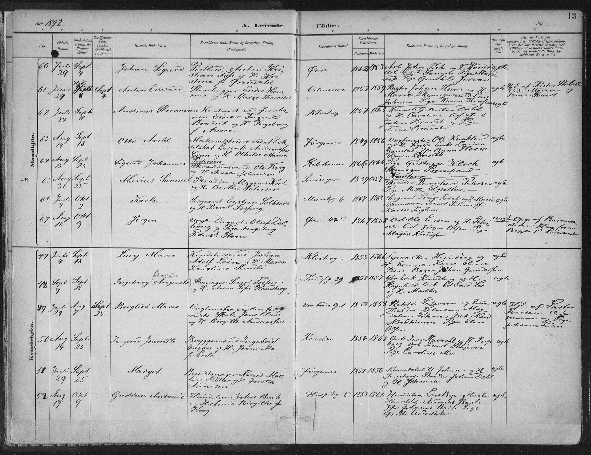 Ministerialprotokoller, klokkerbøker og fødselsregistre - Sør-Trøndelag, SAT/A-1456/601/L0062: Ministerialbok nr. 601A30, 1891-1911, s. 13