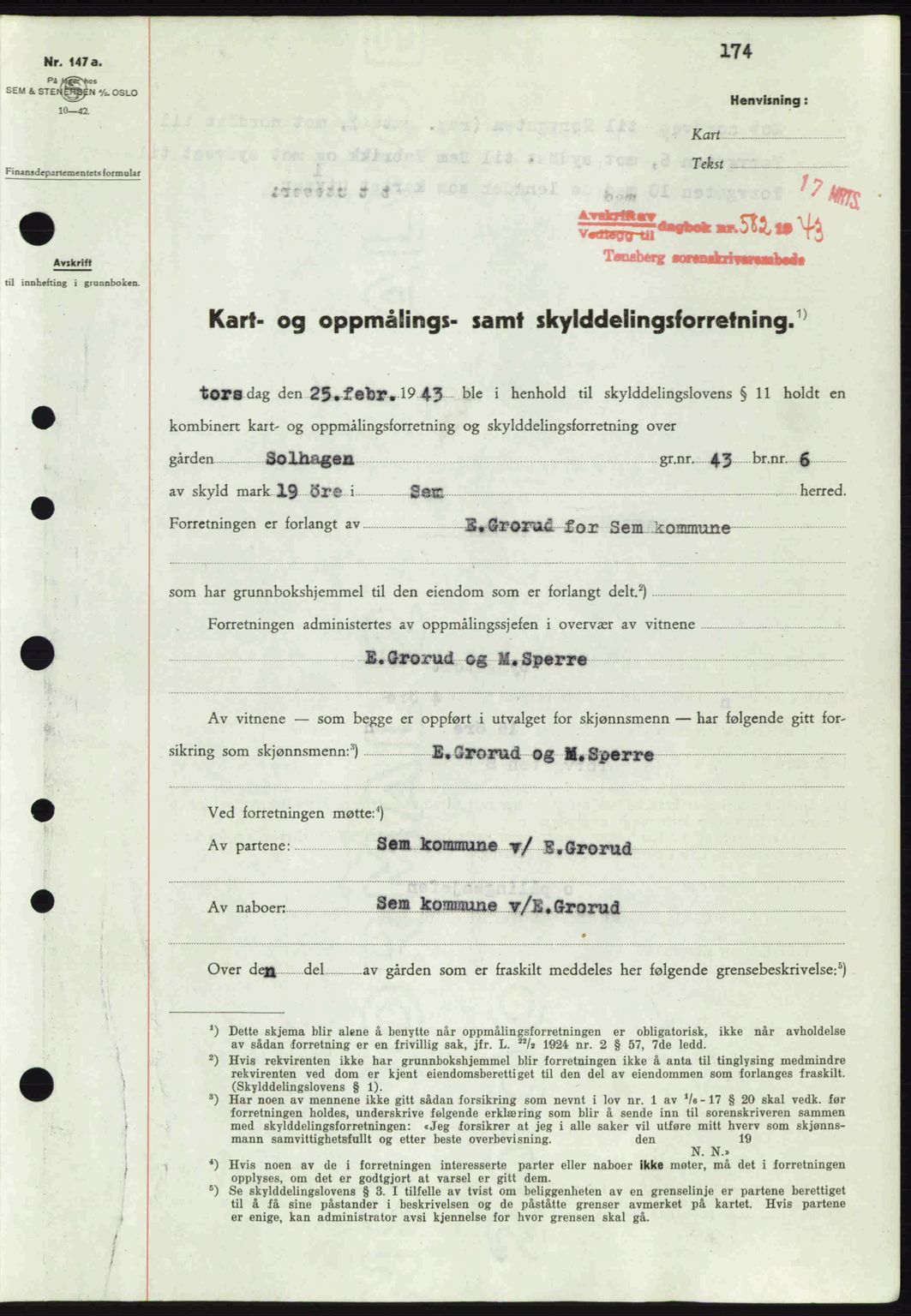 Jarlsberg sorenskriveri, SAKO/A-131/G/Ga/Gaa/L0013: Pantebok nr. A-13, 1942-1943, Dagboknr: 582/1943
