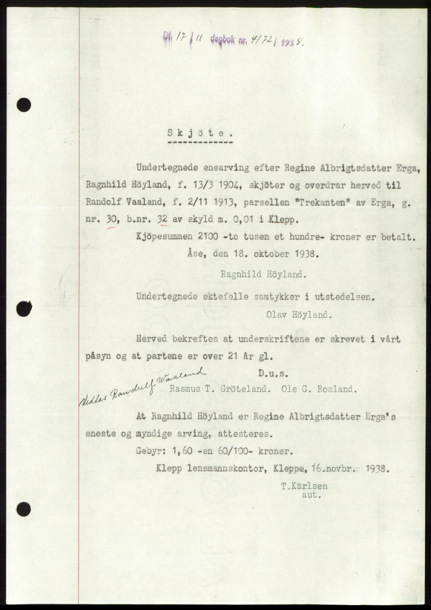 Jæren sorenskriveri, SAST/A-100310/03/G/Gba/L0072: Pantebok, 1938-1938, Dagboknr: 4172/1938