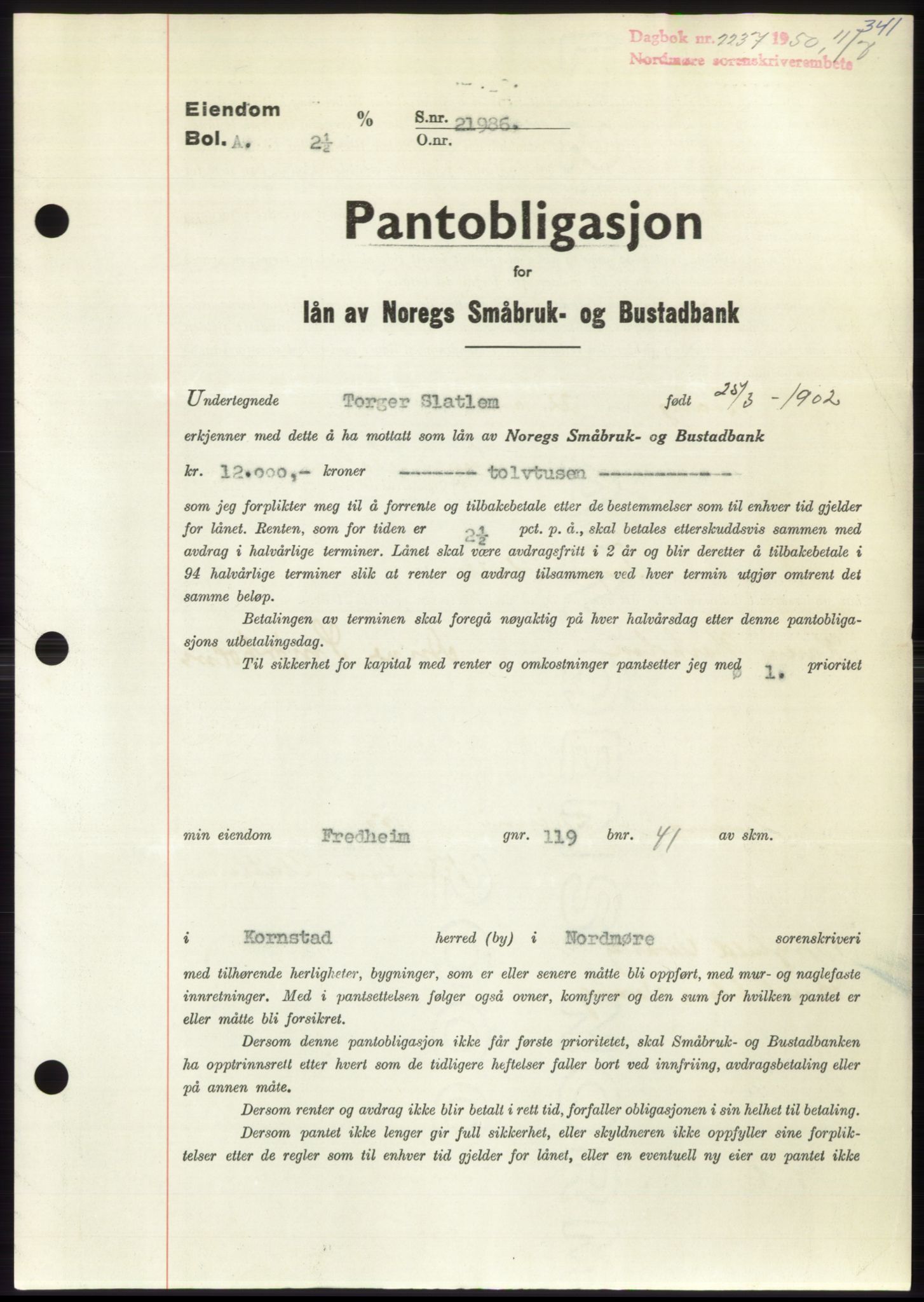 Nordmøre sorenskriveri, AV/SAT-A-4132/1/2/2Ca: Pantebok nr. B105, 1950-1950, Dagboknr: 2237/1950