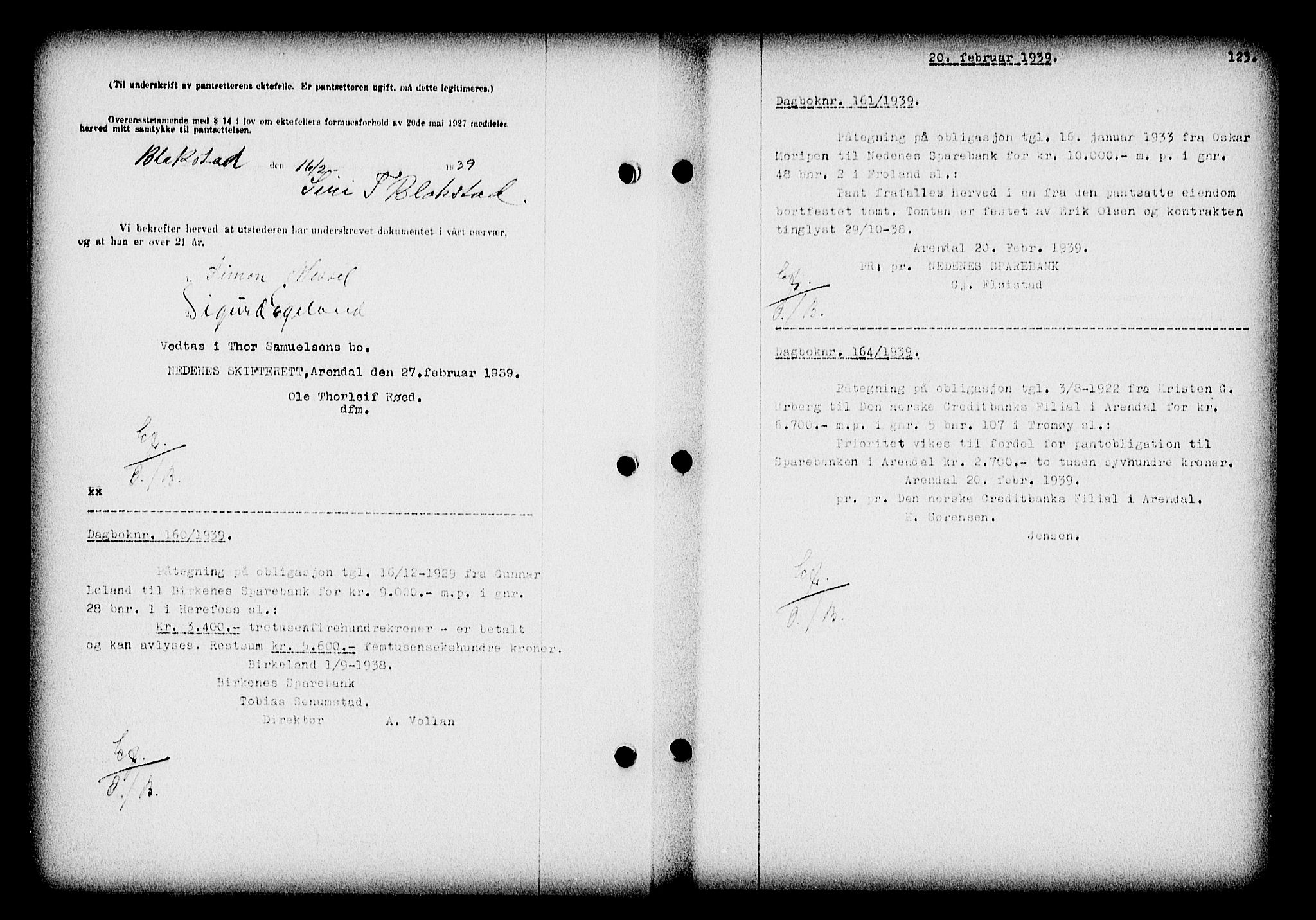 Nedenes sorenskriveri, SAK/1221-0006/G/Gb/Gba/L0046: Pantebok nr. 42, 1938-1939, Dagboknr: 160/1939