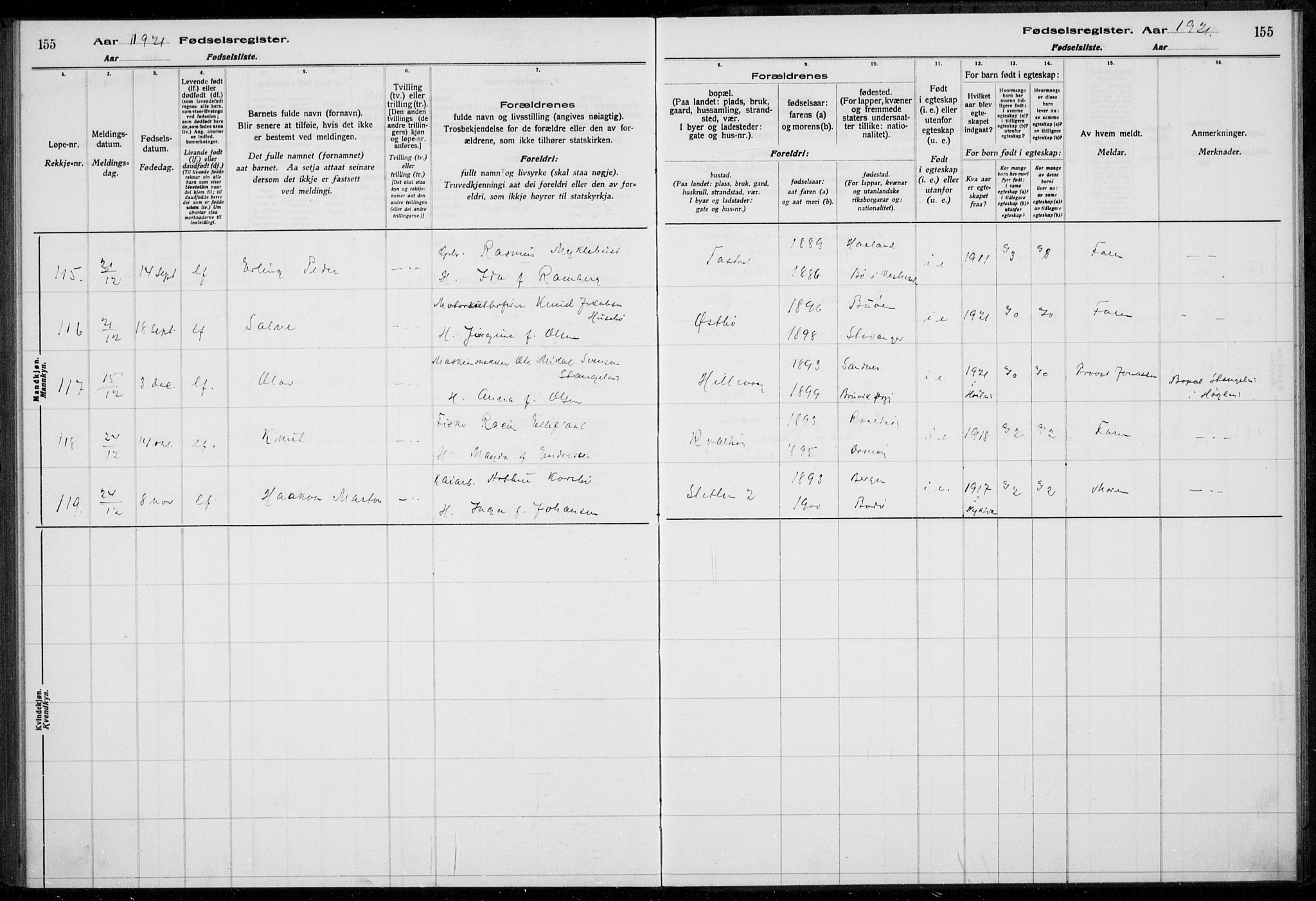 Hetland sokneprestkontor, AV/SAST-A-101826/70/704BA/L0003: Fødselsregister nr. 1, 1916-1923, s. 155