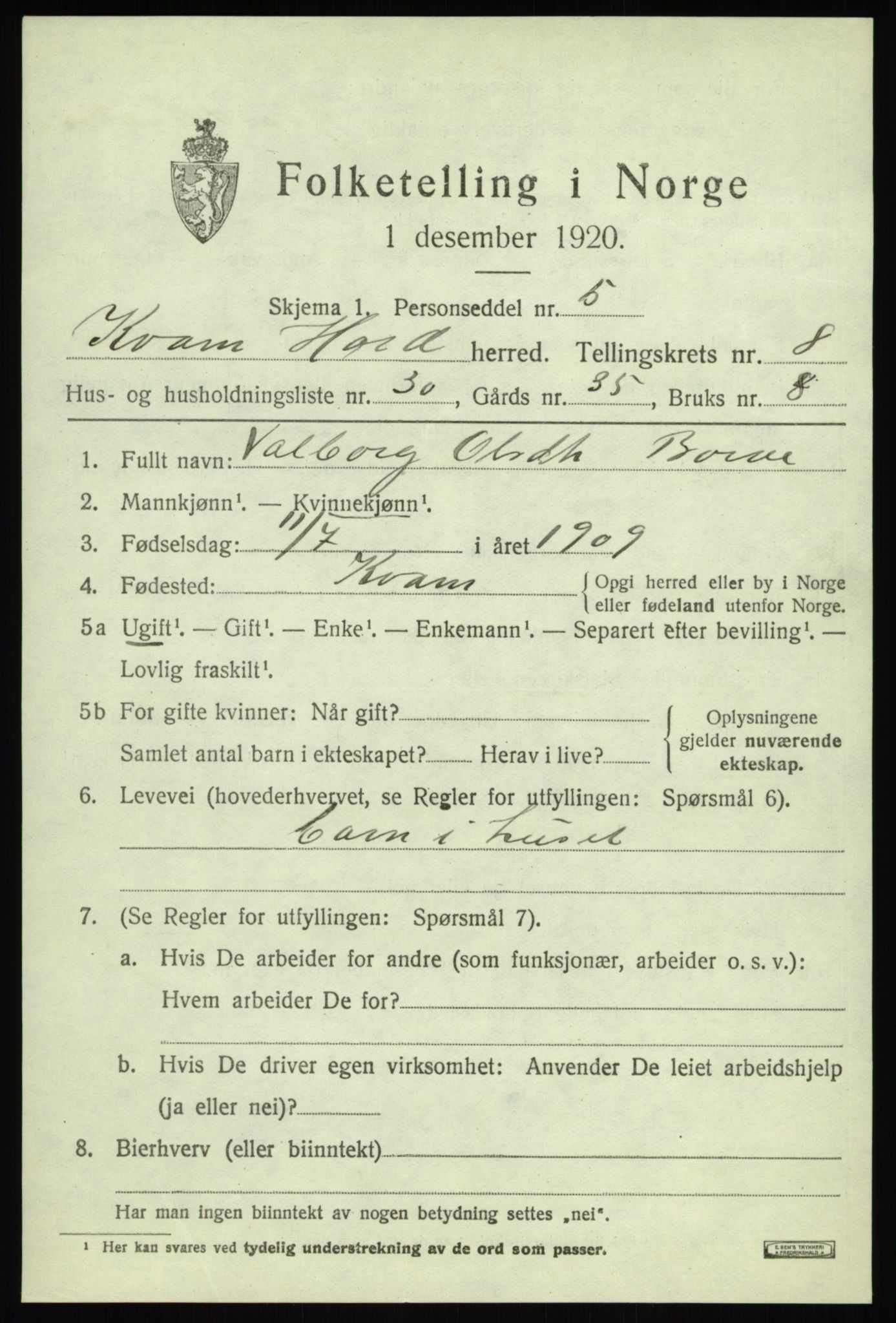 SAB, Folketelling 1920 for 1238 Kvam herred, 1920, s. 5429