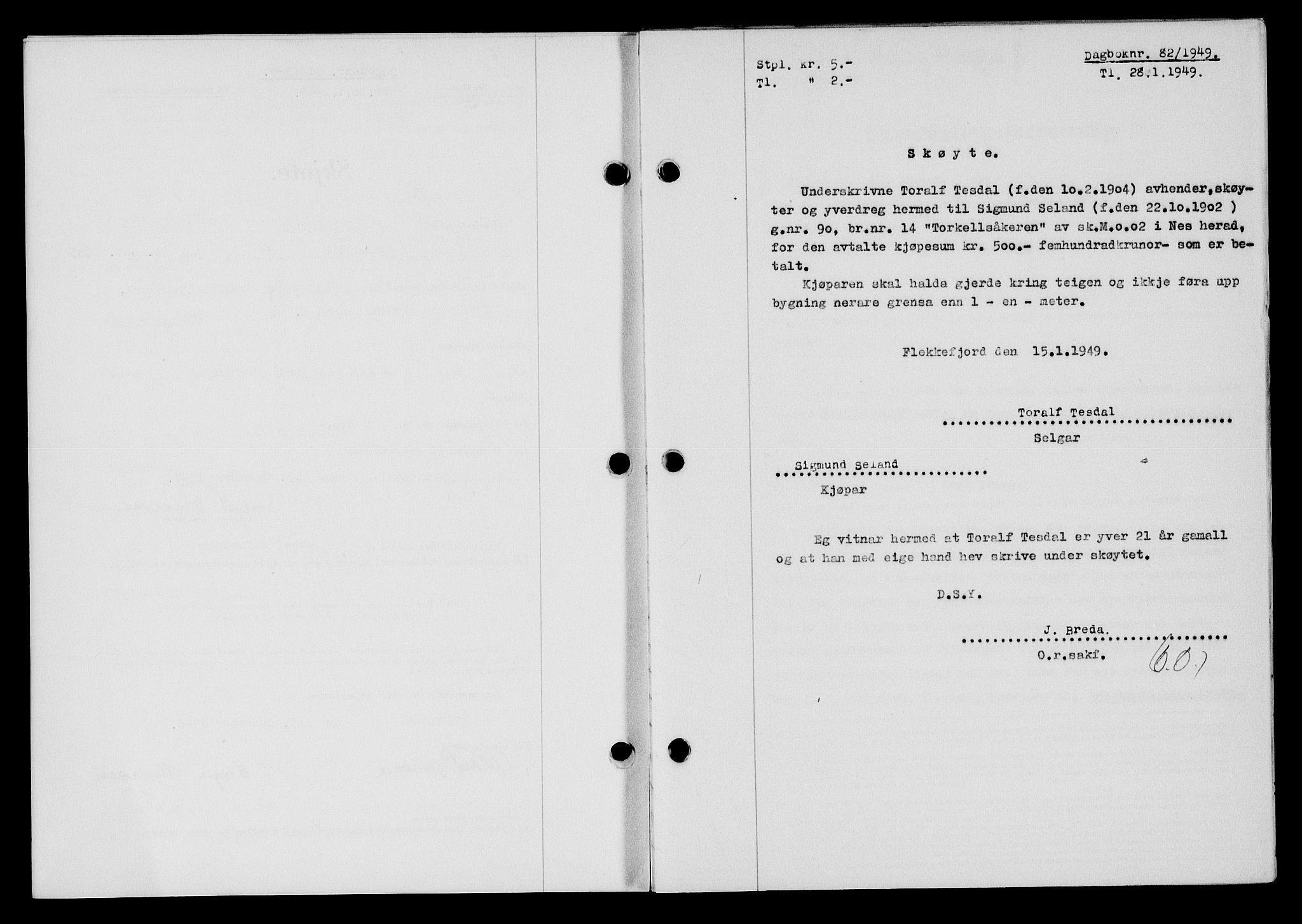 Flekkefjord sorenskriveri, SAK/1221-0001/G/Gb/Gba/L0064: Pantebok nr. A-12, 1948-1949, Dagboknr: 82/1949