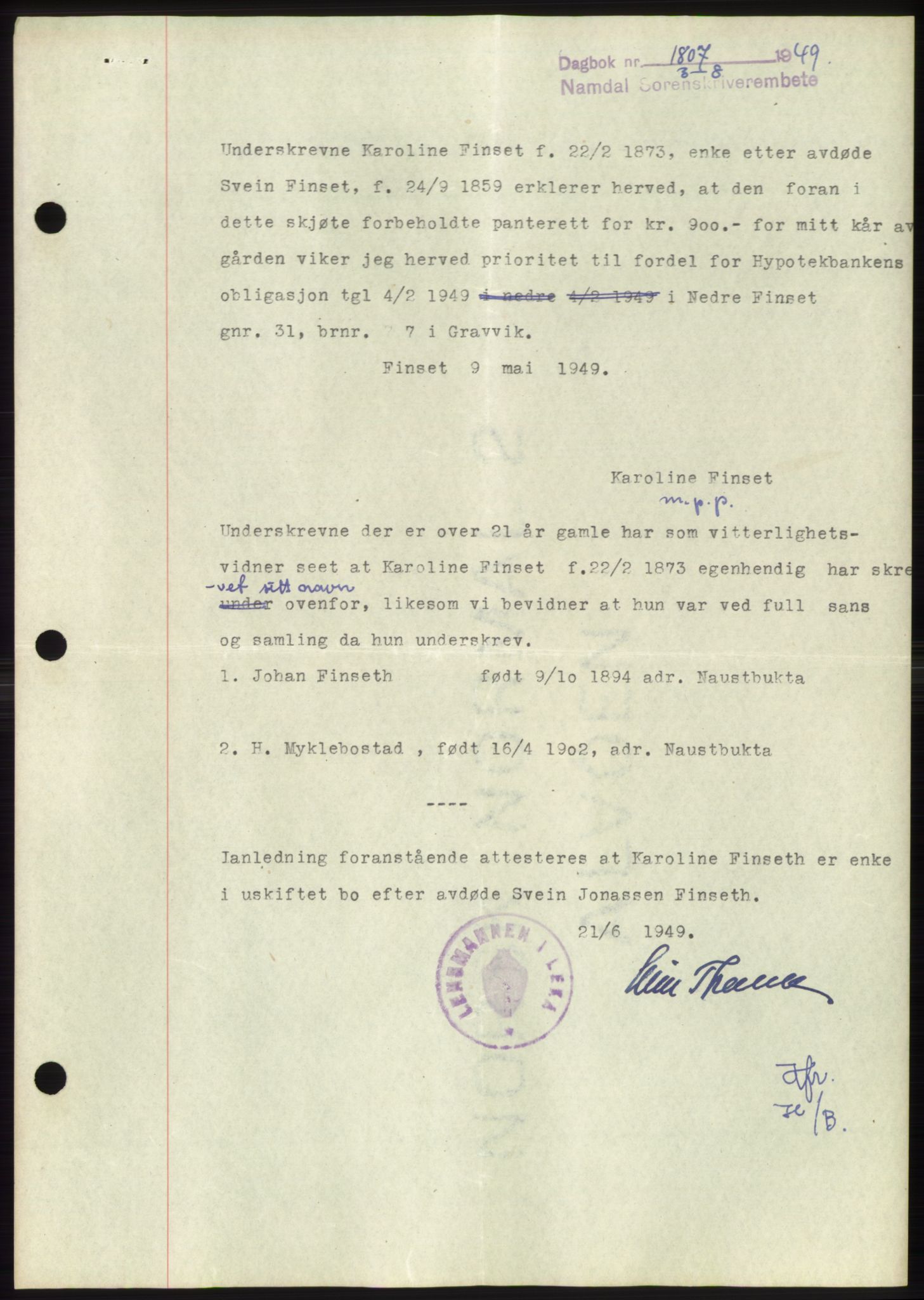 Namdal sorenskriveri, SAT/A-4133/1/2/2C: Pantebok nr. -, 1949-1949, Dagboknr: 1807/1949