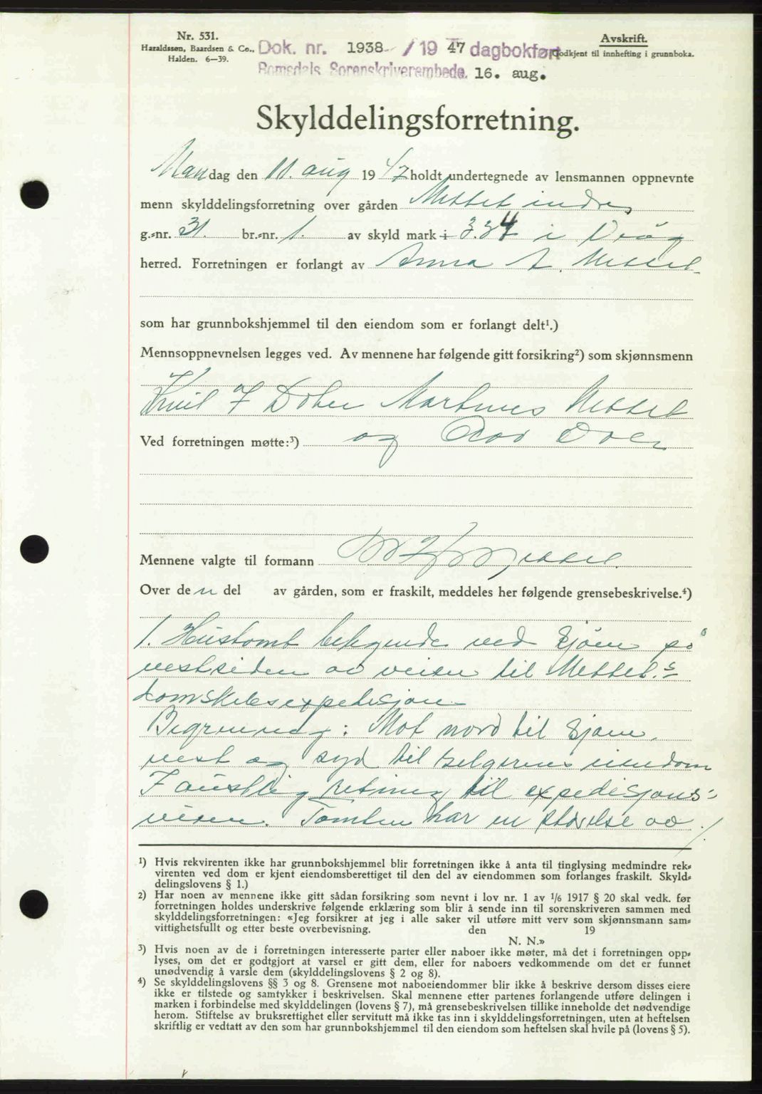 Romsdal sorenskriveri, AV/SAT-A-4149/1/2/2C: Pantebok nr. A23, 1947-1947, Dagboknr: 1938/1947