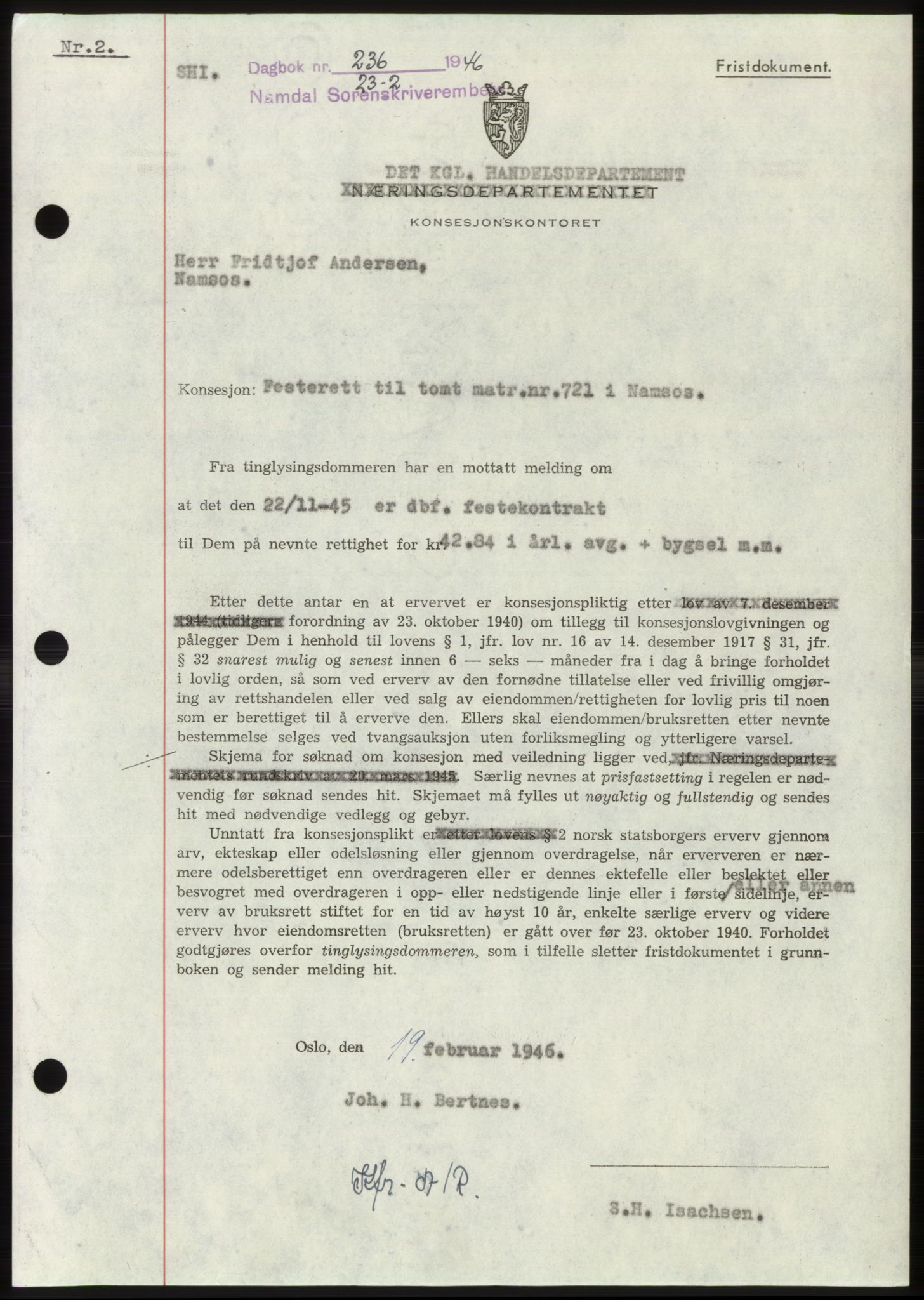 Namdal sorenskriveri, SAT/A-4133/1/2/2C: Pantebok nr. -, 1946-1946, Dagboknr: 236/1946