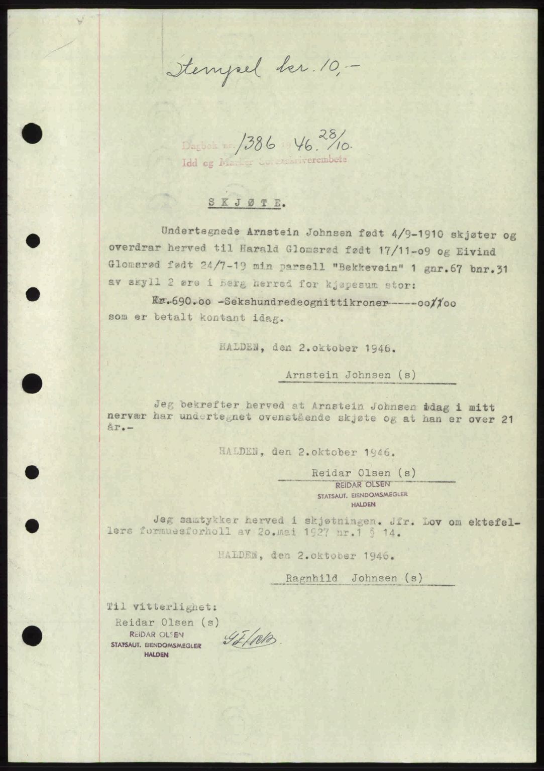 Idd og Marker sorenskriveri, SAO/A-10283/G/Gb/Gbb/L0008: Pantebok nr. A8, 1946-1946, Dagboknr: 1386/1946