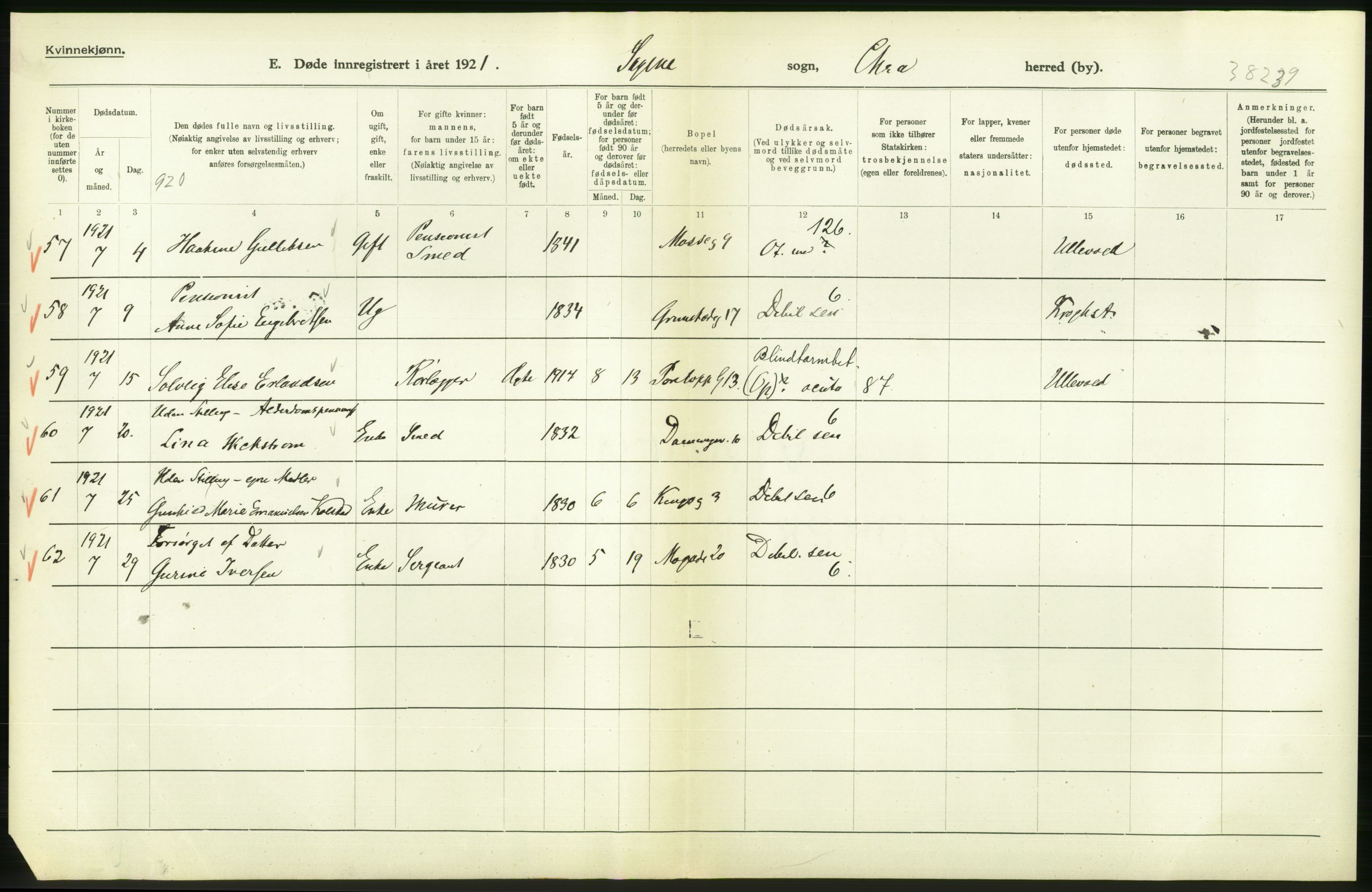 Statistisk sentralbyrå, Sosiodemografiske emner, Befolkning, AV/RA-S-2228/D/Df/Dfc/Dfca/L0013: Kristiania: Døde, dødfødte, 1921, s. 58