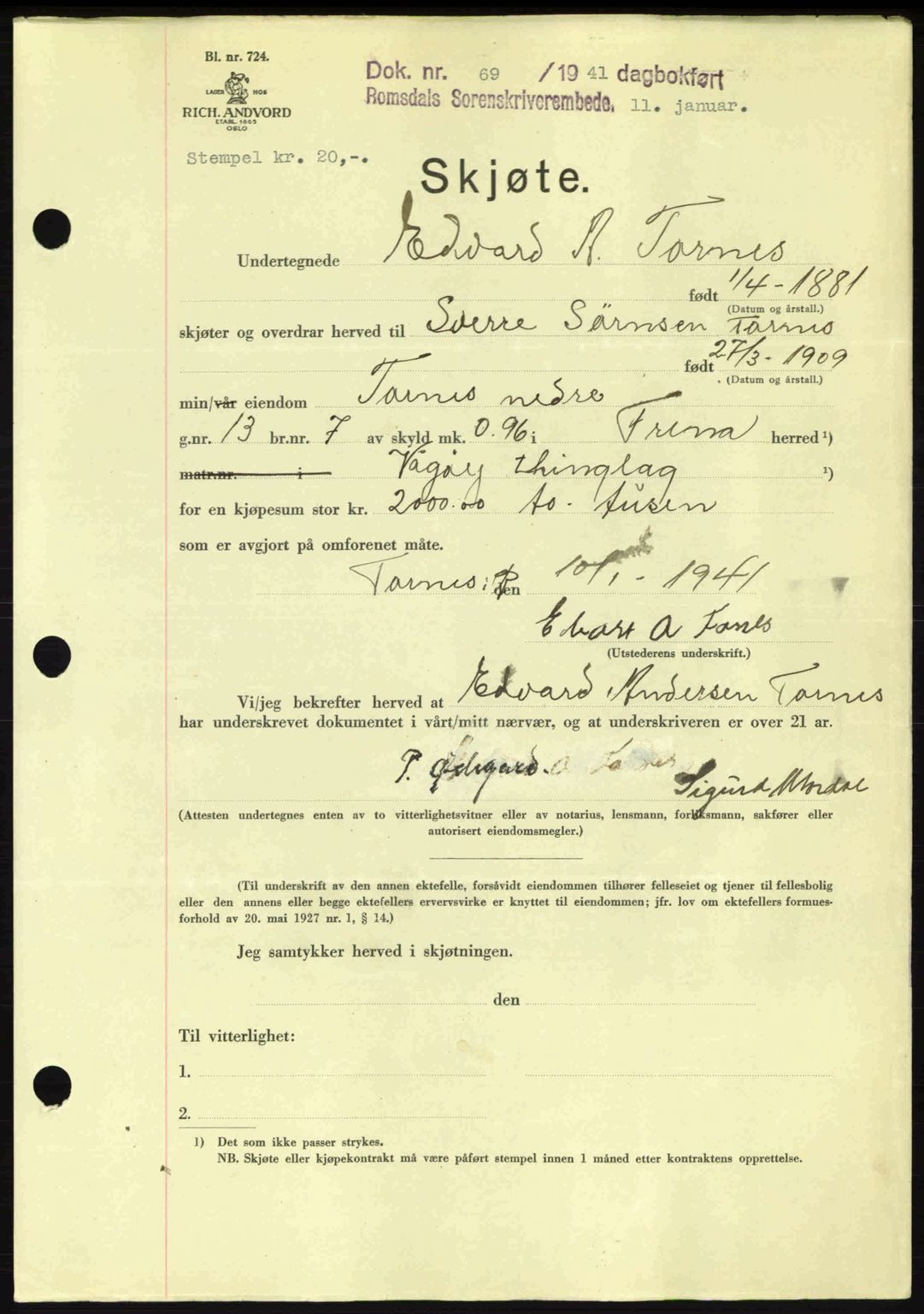Romsdal sorenskriveri, SAT/A-4149/1/2/2C: Pantebok nr. A9, 1940-1941, Dagboknr: 69/1941