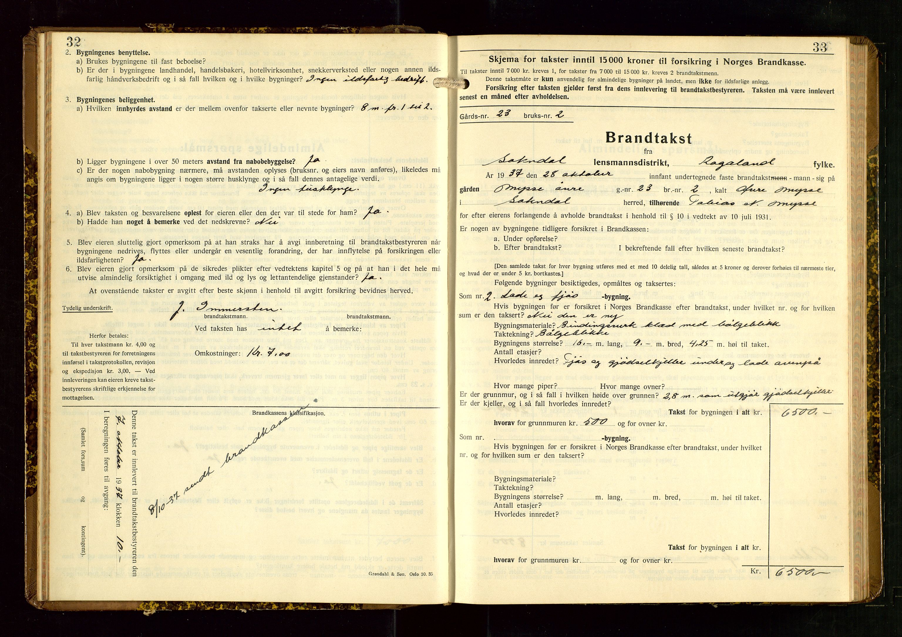 Sokndal lensmannskontor, AV/SAST-A-100417/Gob/L0008: "Brandtakst-Protokoll", 1937-1955, s. 32-33