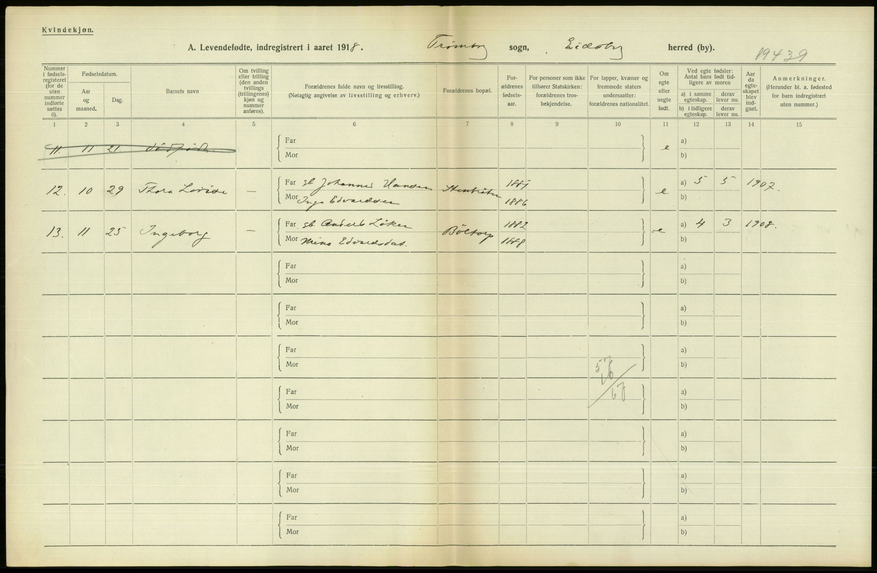 Statistisk sentralbyrå, Sosiodemografiske emner, Befolkning, RA/S-2228/D/Df/Dfb/Dfbh/L0001: Østfold fylke: Levendefødte menn og kvinner. Bygder., 1918, s. 410