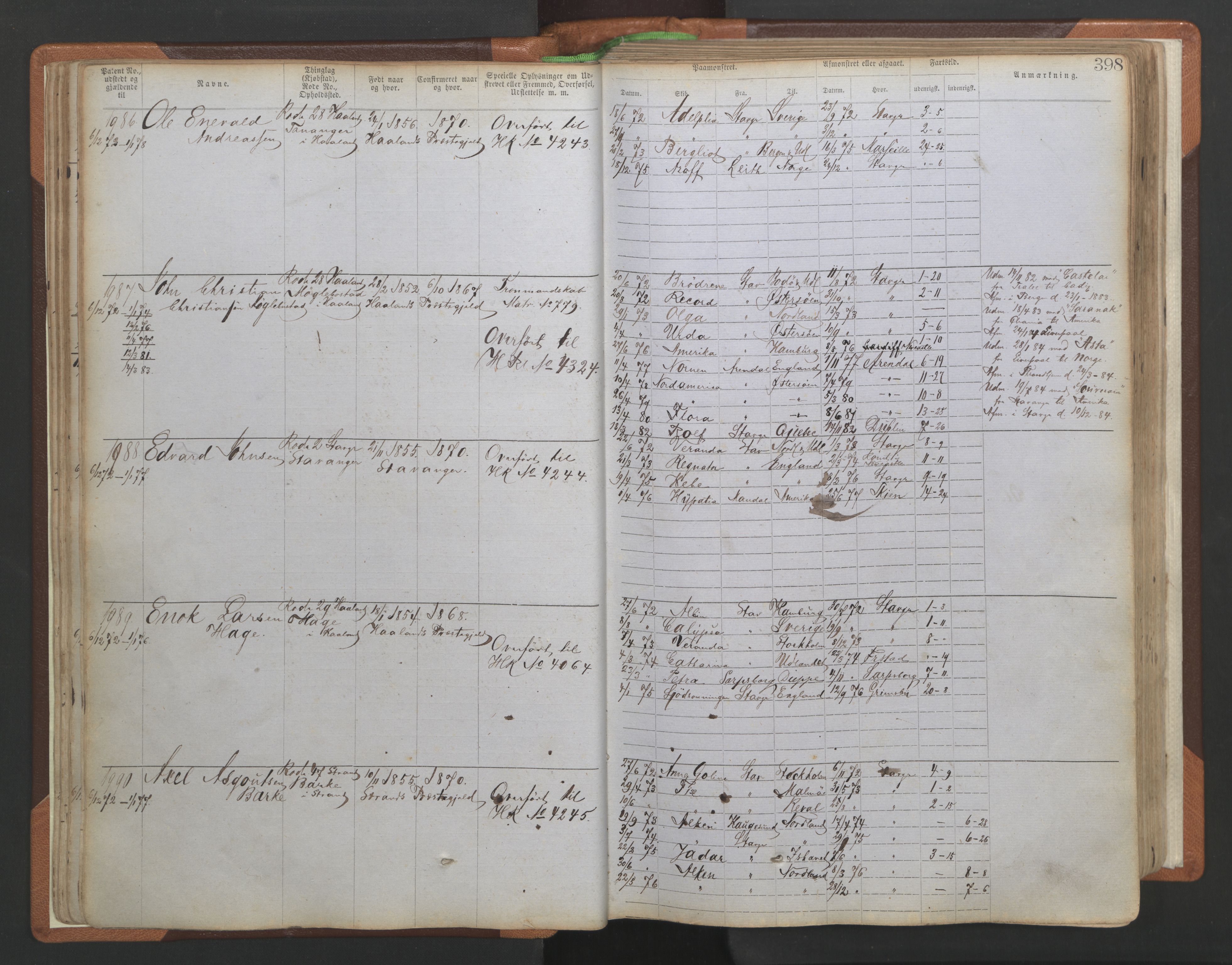 Stavanger sjømannskontor, AV/SAST-A-102006/F/Ff/L0005: Annotasjonsrulle No 1, patentnr. 1786-3585 (del 2), 1872-1900, s. 45