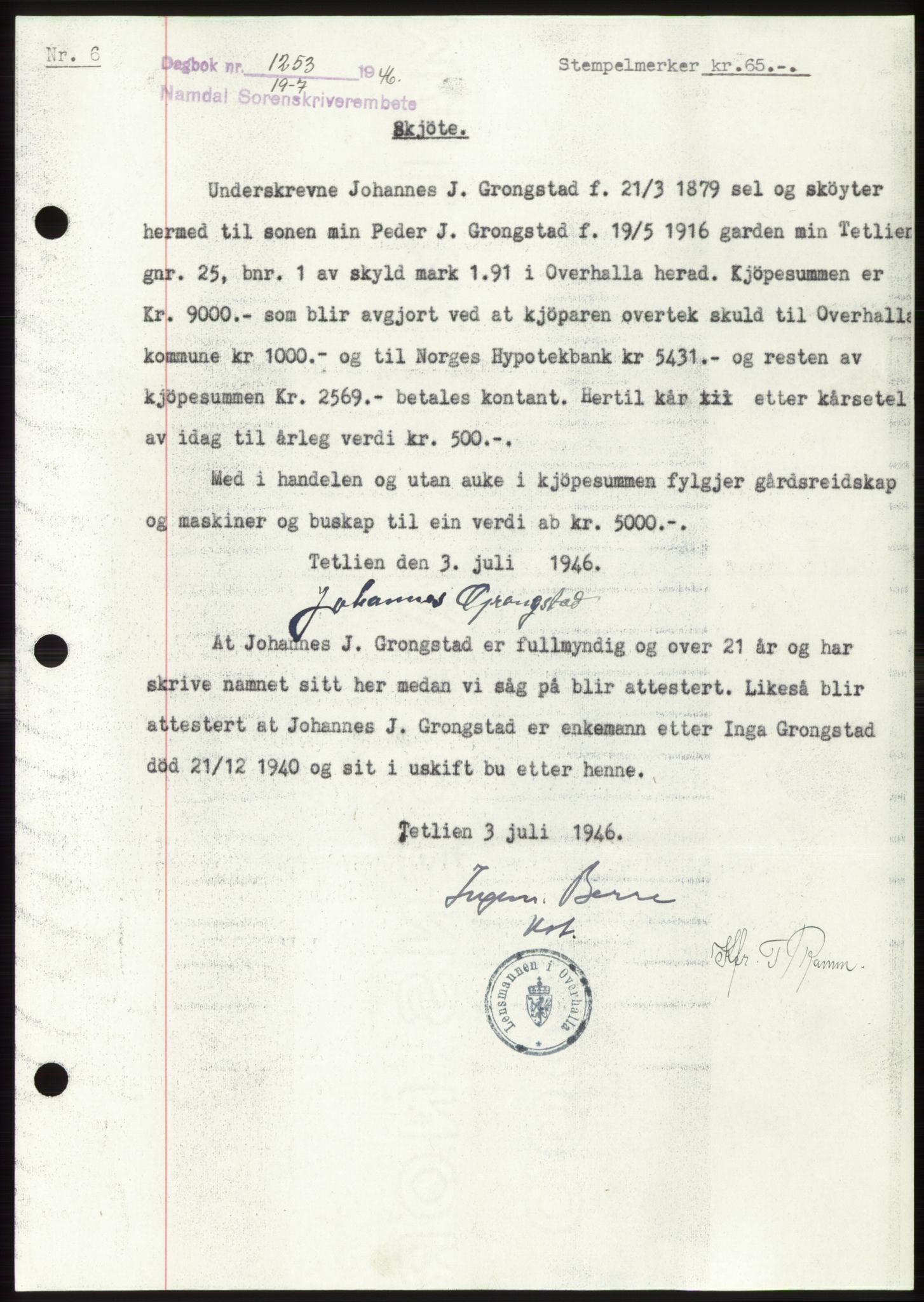 Namdal sorenskriveri, SAT/A-4133/1/2/2C: Pantebok nr. -, 1946-1946, Dagboknr: 1253/1946