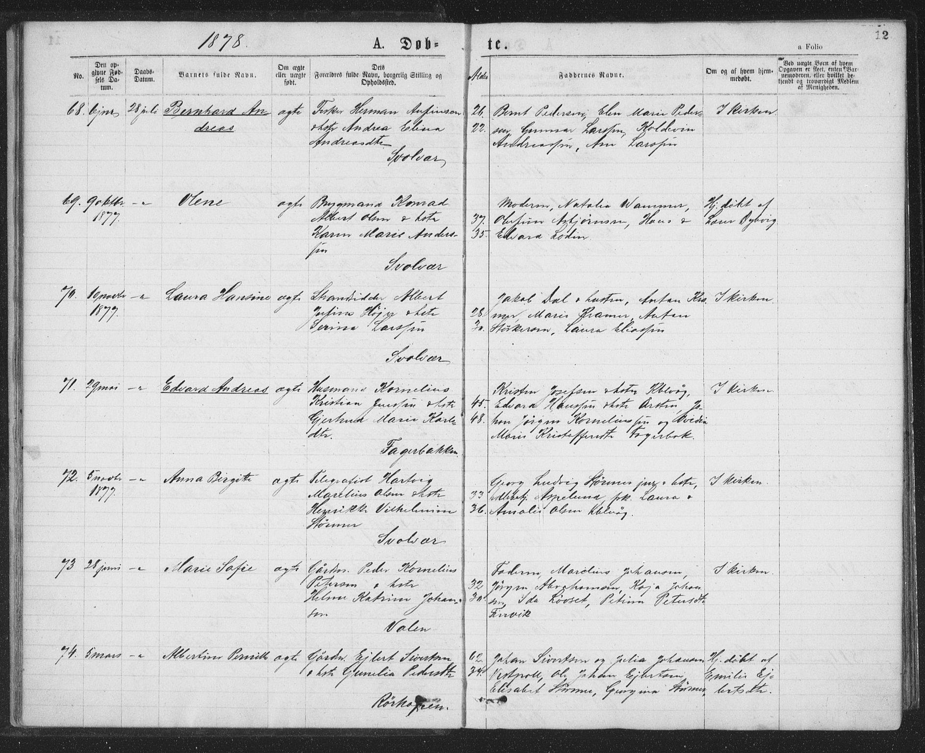 Ministerialprotokoller, klokkerbøker og fødselsregistre - Nordland, AV/SAT-A-1459/874/L1058: Ministerialbok nr. 874A02, 1878-1883, s. 12