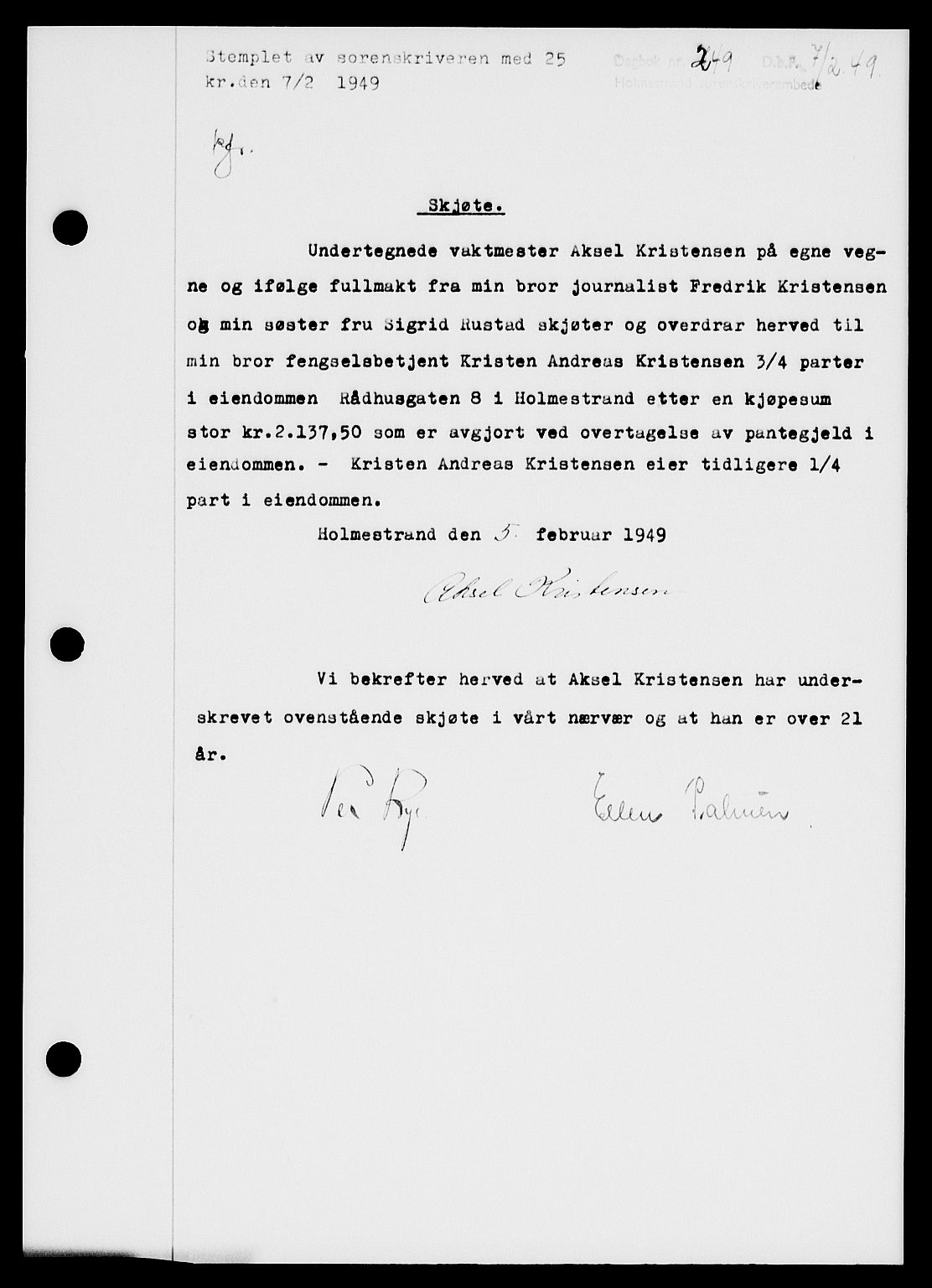 Holmestrand sorenskriveri, SAKO/A-67/G/Ga/Gaa/L0065: Pantebok nr. A-65, 1948-1949, Dagboknr: 249/1949