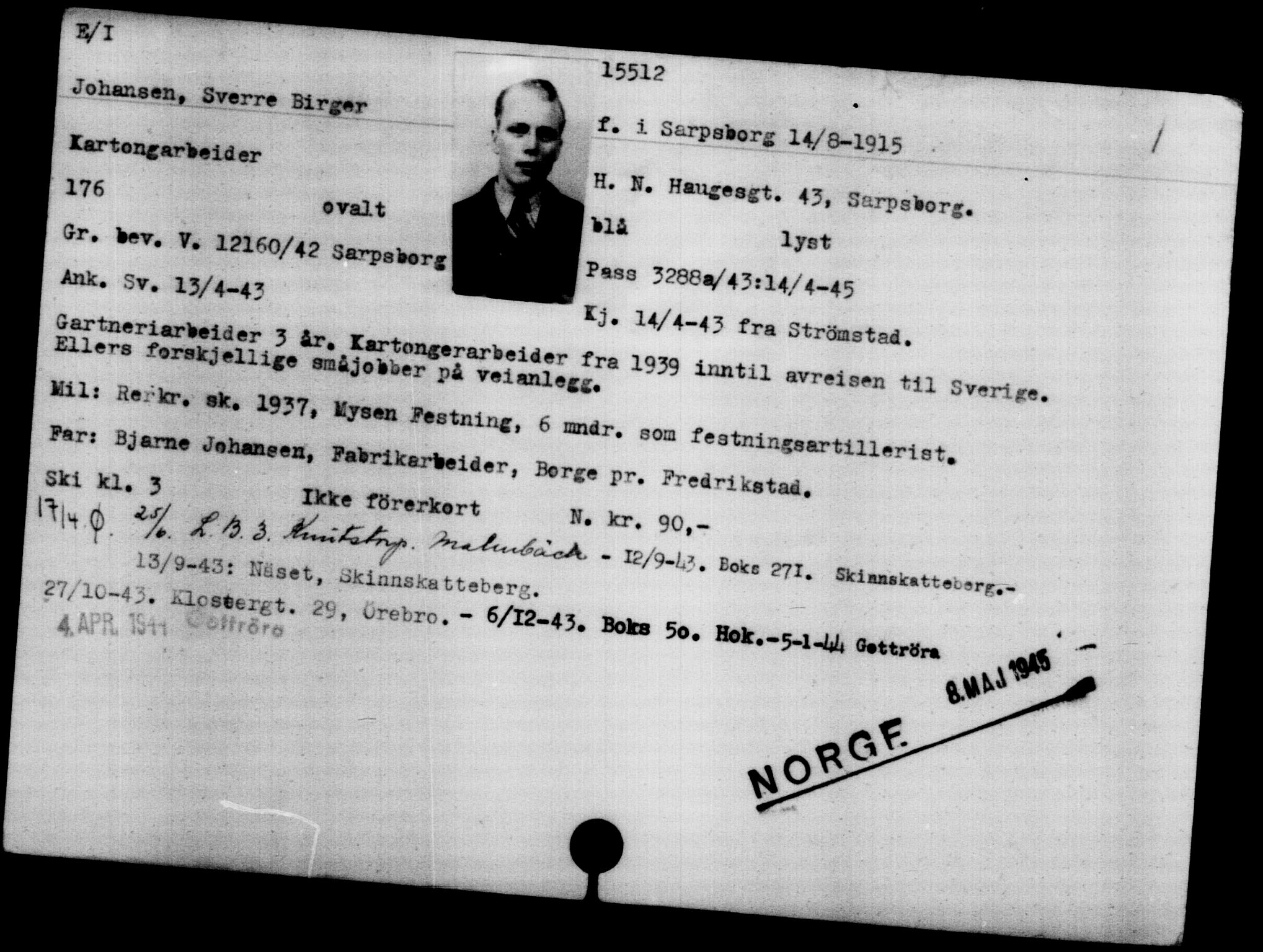 Den Kgl. Norske Legasjons Flyktningskontor, AV/RA-S-6753/V/Va/L0007: Kjesäterkartoteket.  Flyktningenr. 12700-15723, 1940-1945, s. 3223