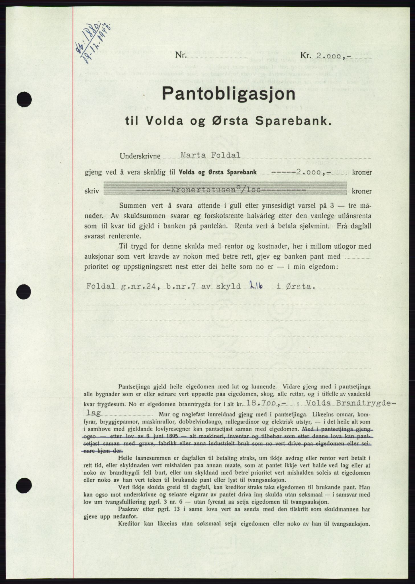 Søre Sunnmøre sorenskriveri, AV/SAT-A-4122/1/2/2C/L0115: Pantebok nr. 3B, 1947-1948, Dagboknr: 1880/1947