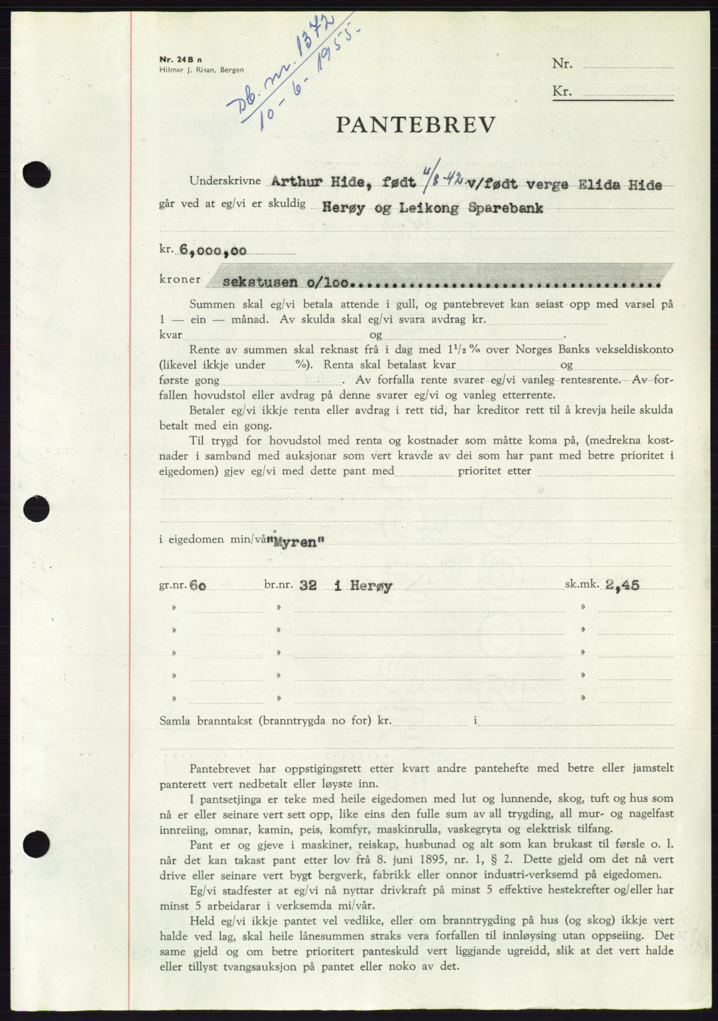 Søre Sunnmøre sorenskriveri, SAT/A-4122/1/2/2C/L0127: Pantebok nr. 15B, 1955-1955, Dagboknr: 1372/1955