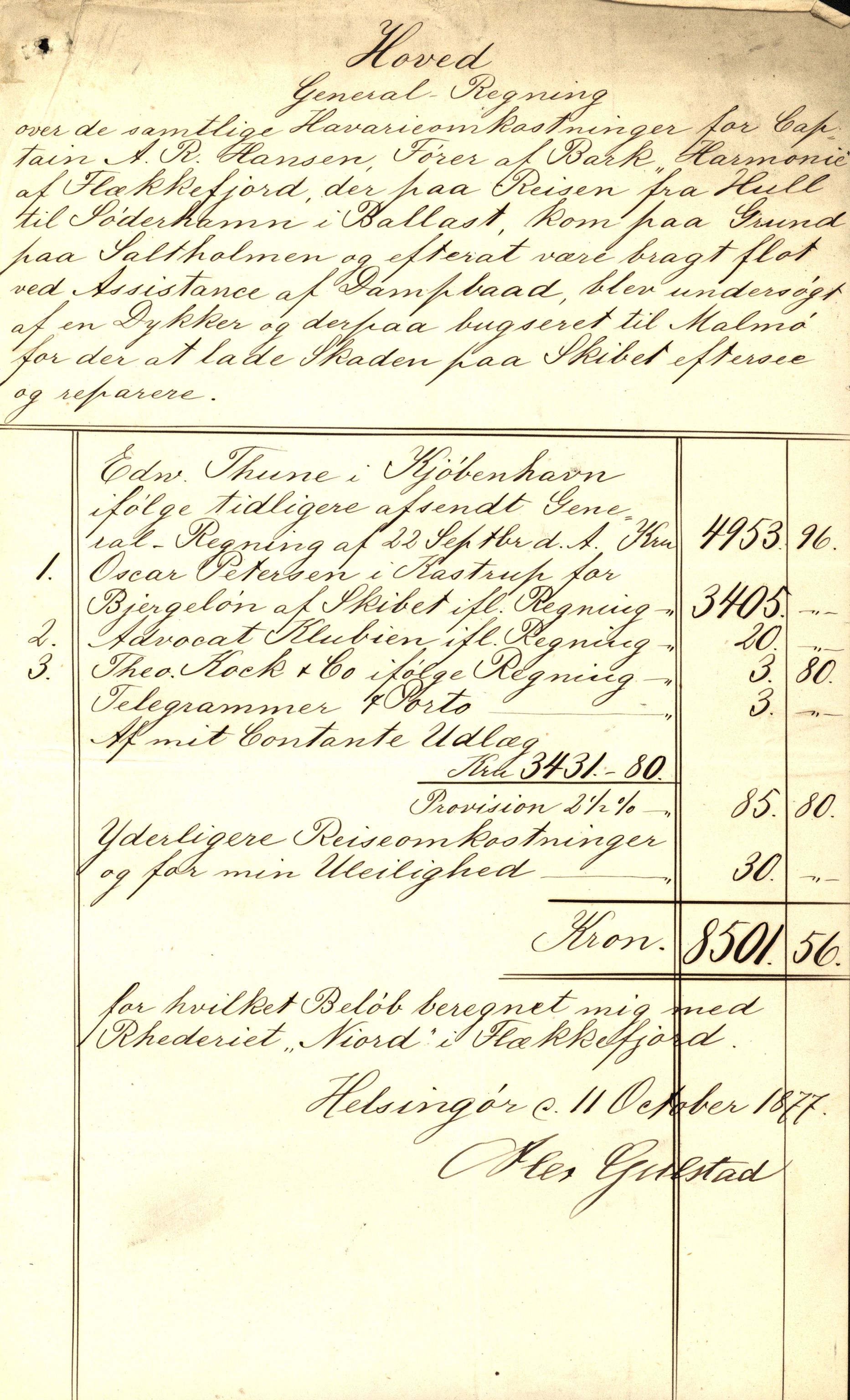 Pa 63 - Østlandske skibsassuranceforening, VEMU/A-1079/G/Ga/L0009/0019: Havaridokumenter / Harmoni, 1877