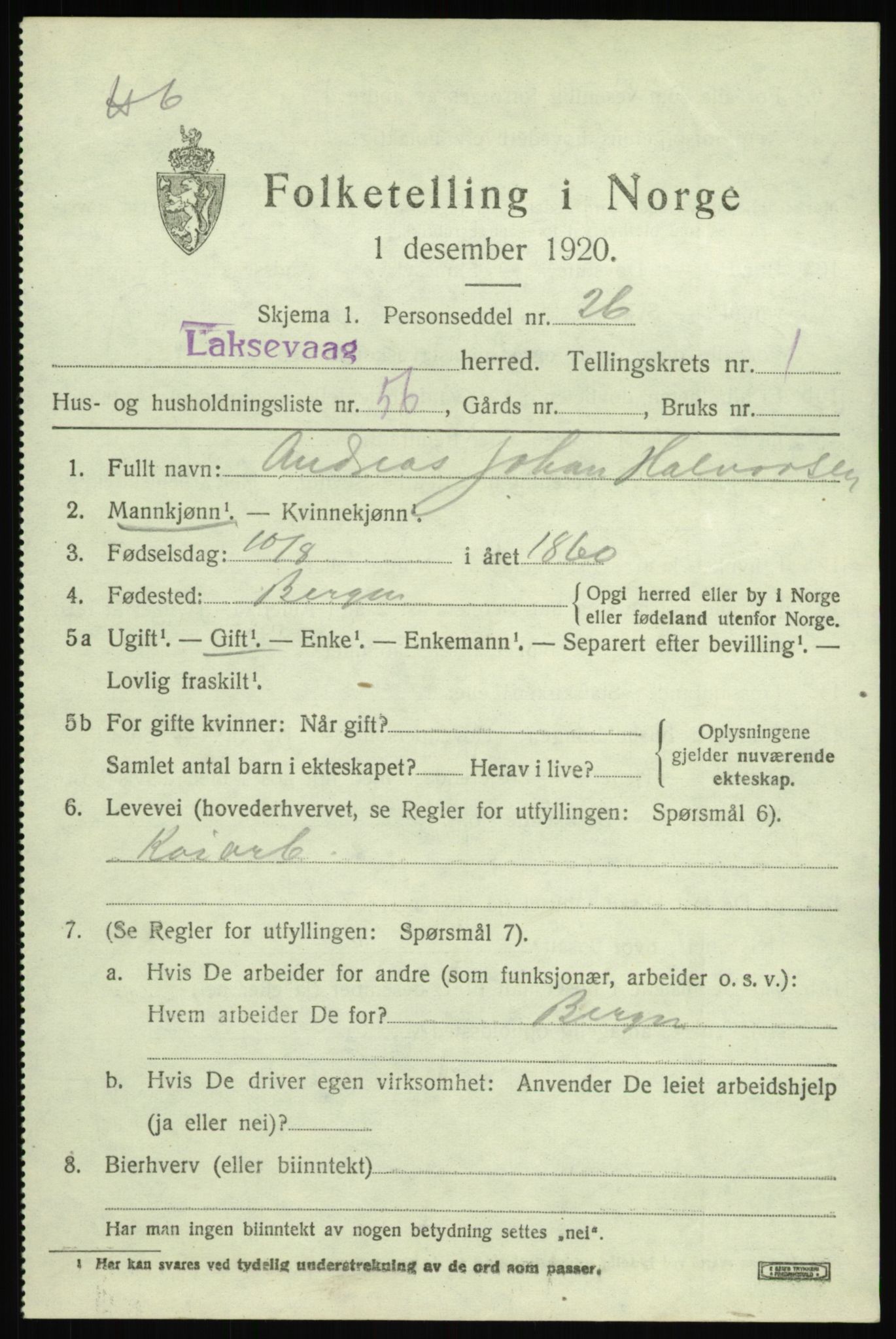SAB, Folketelling 1920 for 1248 Laksevåg herred, 1920, s. 3992