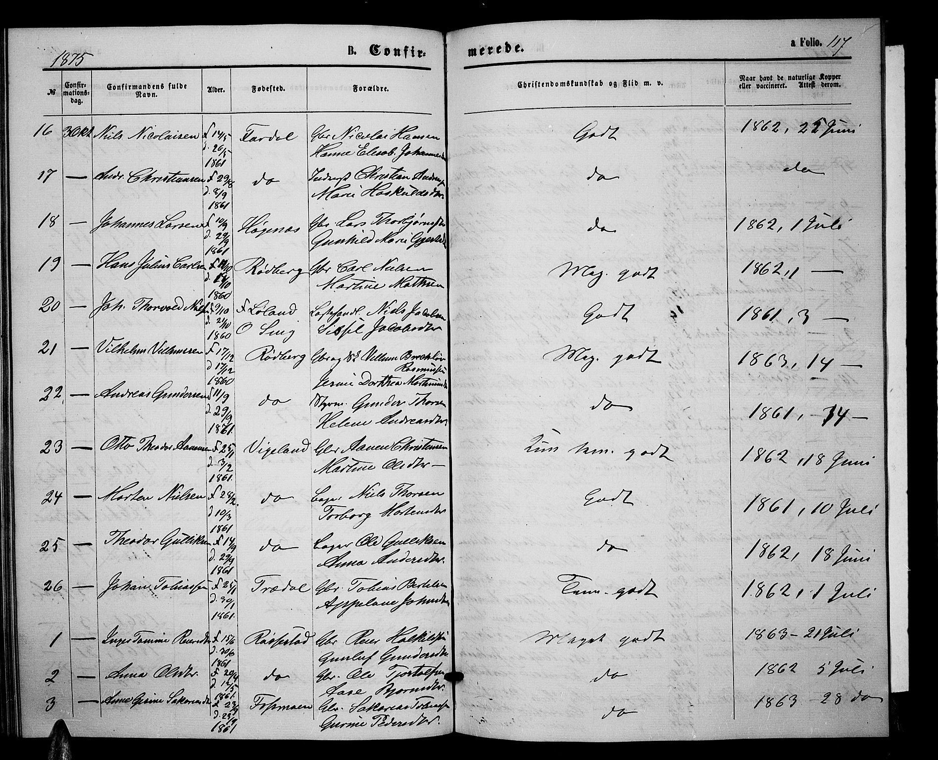 Sør-Audnedal sokneprestkontor, AV/SAK-1111-0039/F/Fb/Fbb/L0004: Klokkerbok nr. B 4, 1868-1879, s. 117