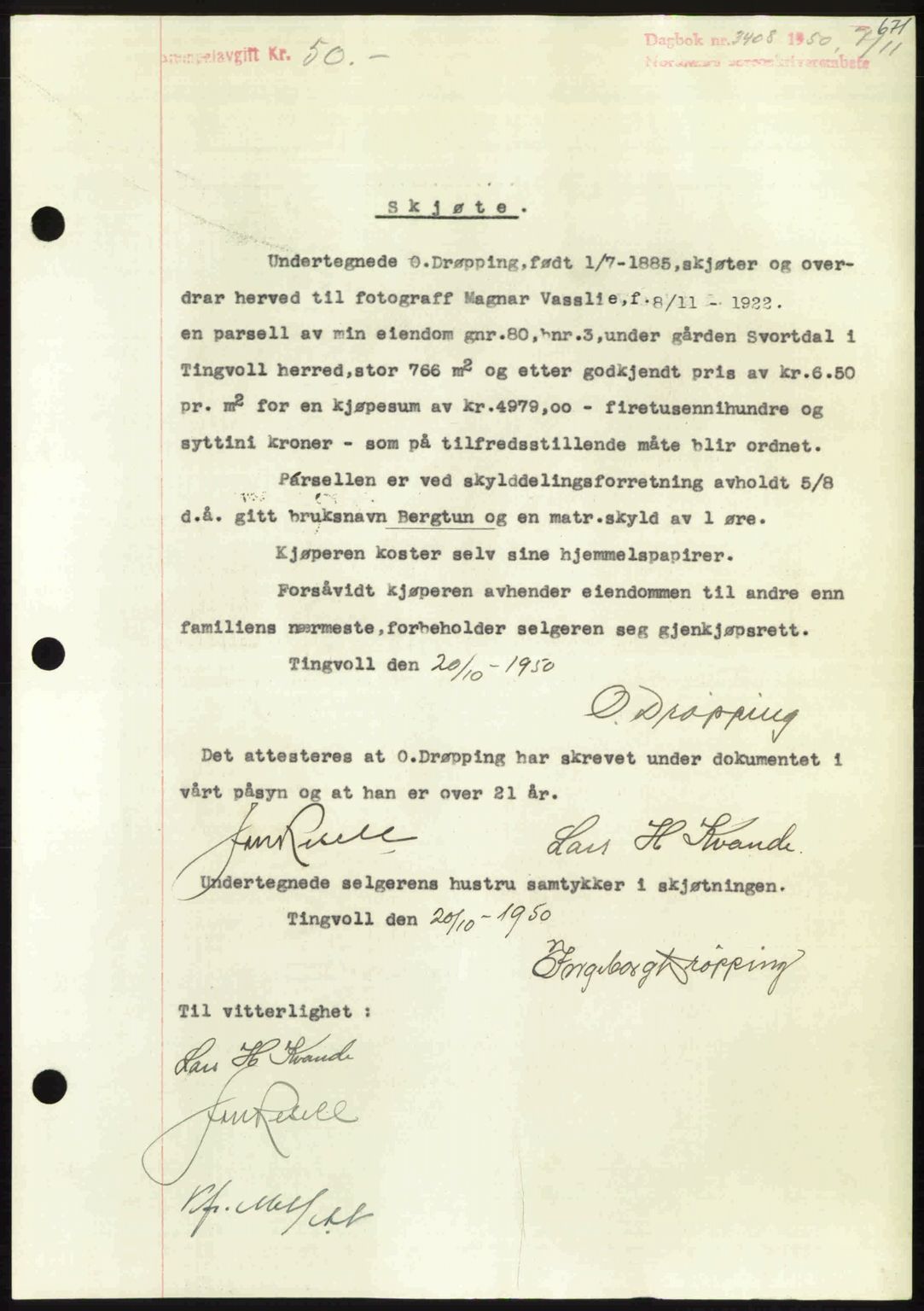 Nordmøre sorenskriveri, SAT/A-4132/1/2/2Ca: Pantebok nr. A116, 1950-1950, Dagboknr: 3408/1950
