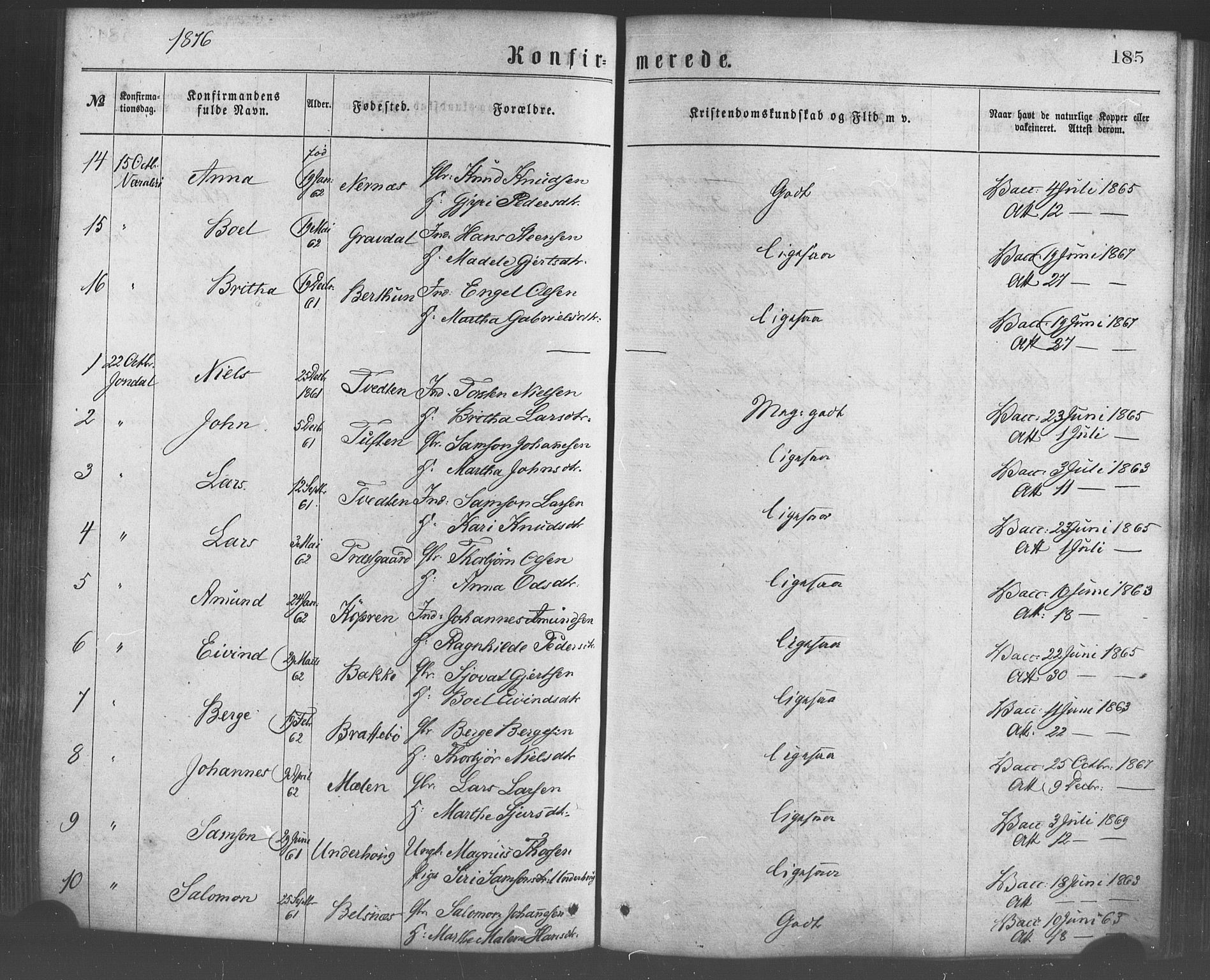 Strandebarm sokneprestembete, AV/SAB-A-78401/H/Haa: Ministerialbok nr. A 9, 1872-1886, s. 185