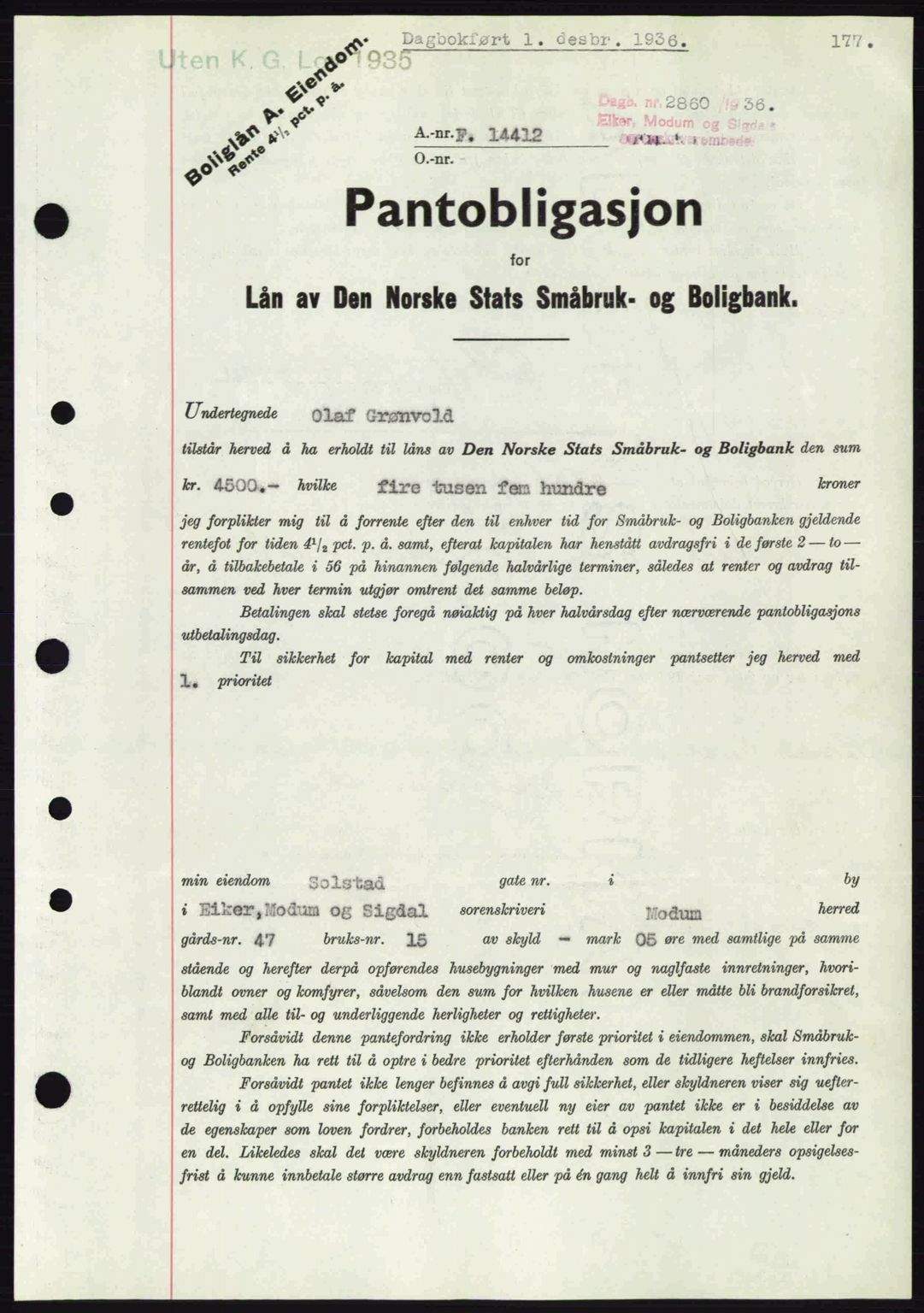 Eiker, Modum og Sigdal sorenskriveri, SAKO/A-123/G/Ga/Gab/L0034: Pantebok nr. A4, 1936-1937, Dagboknr: 2860/1936